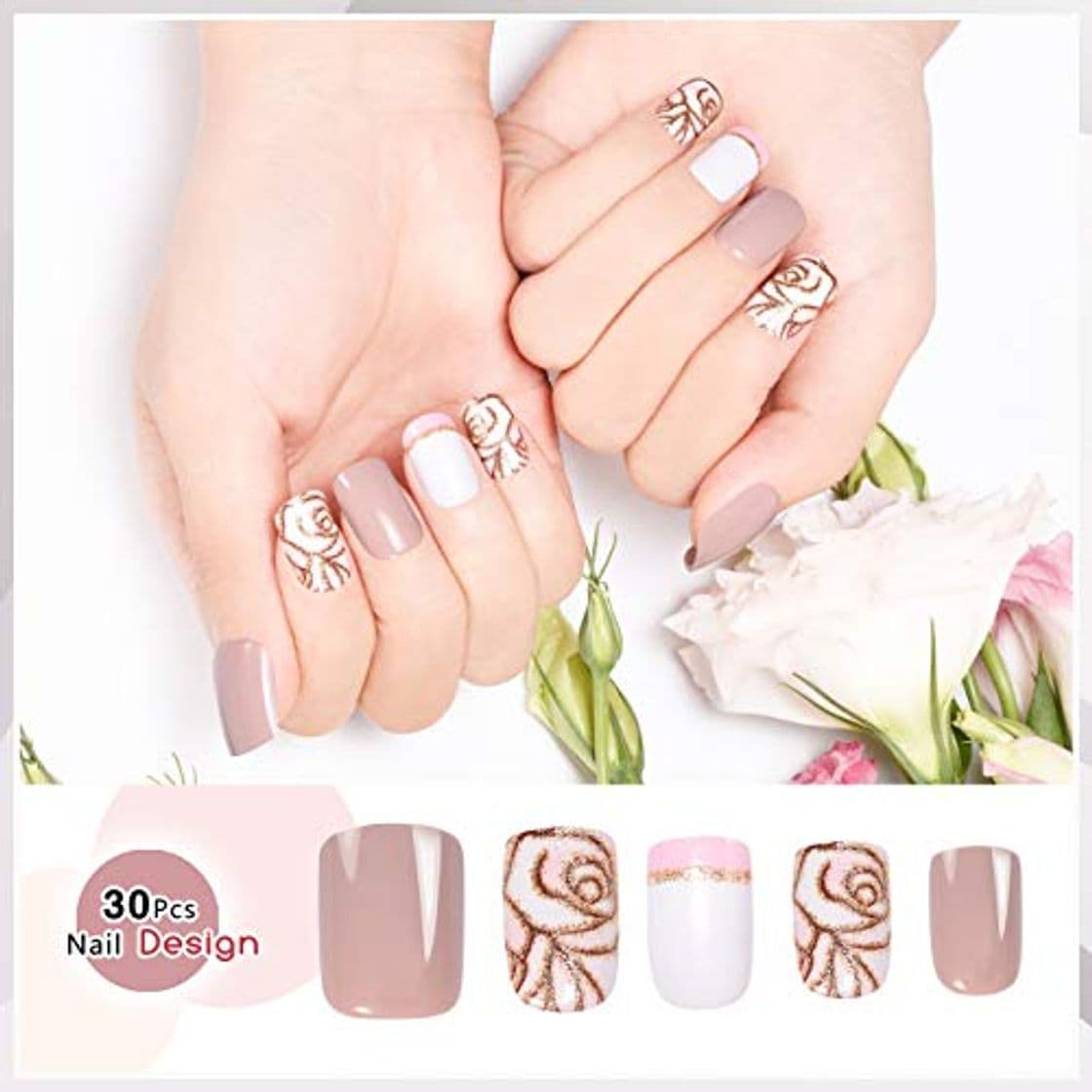 Product Doreliss uñas postizas 30 Pcs Francia Consejos corto uñas falsas de Pegamento adhesivo de doble cara Rosa