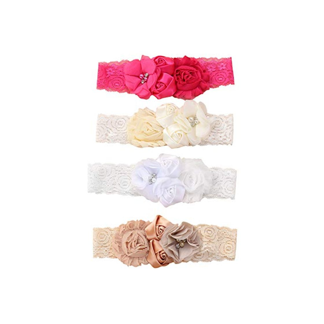 Fashion Lurrose 4 Unids Rosa Flor Encaje Cintas Para el Cabello Cinta Suave Turbante Bautizo Cabeza Wrap con Perlas para bebé infantil