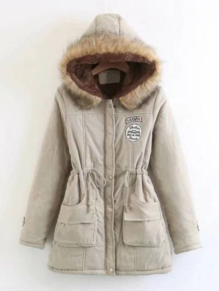 Moda Parka con capucha con pelo y cintura ajustable 