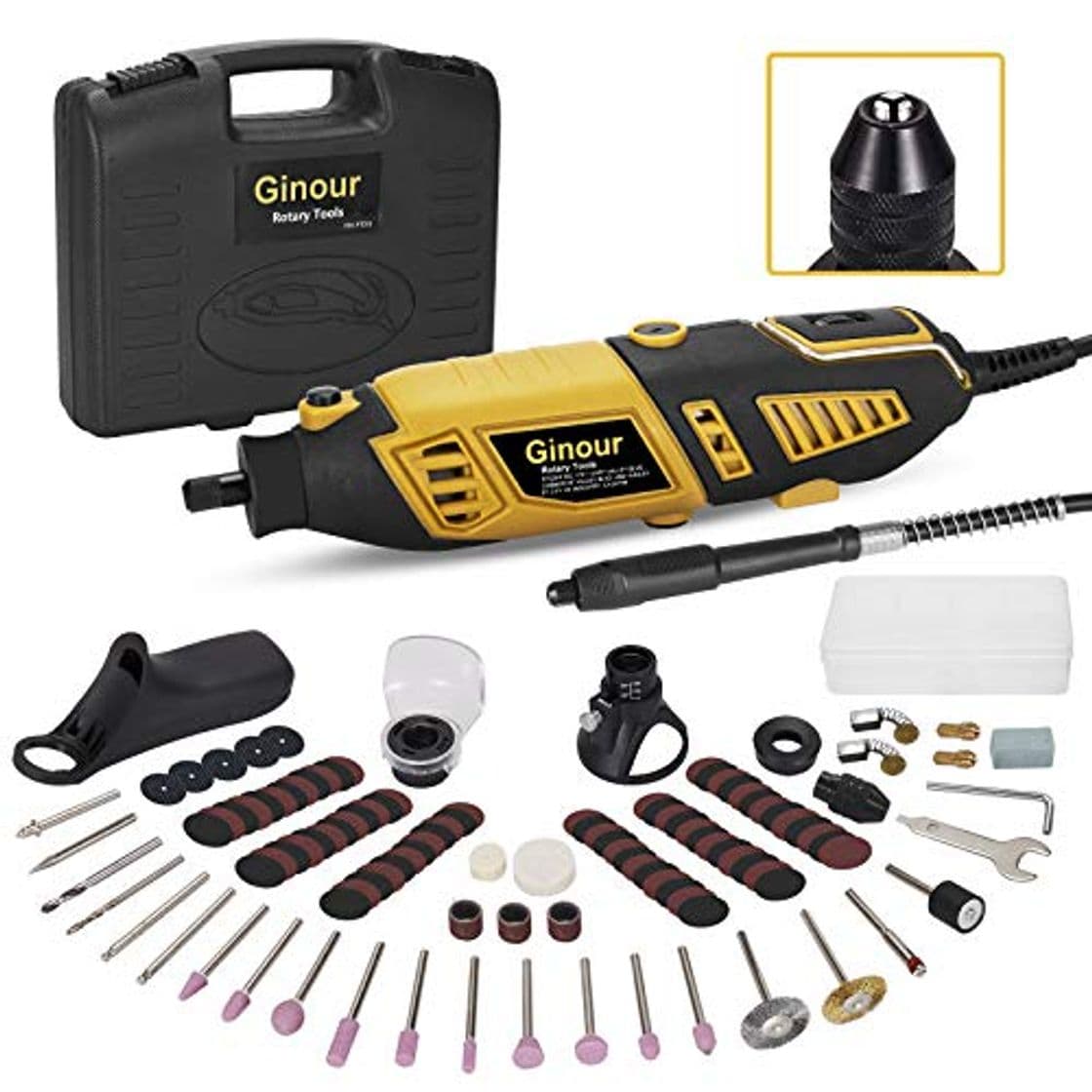 Producto Mini amoladora eléctrica, Ginour Kit de herramientas rotatorias 170W Multifunción con 109