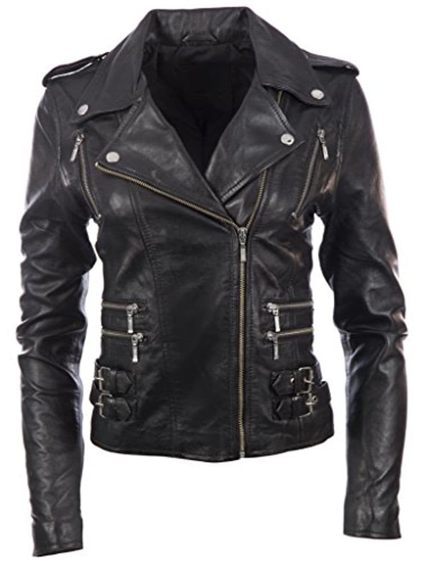 Fashion Aviatrix Chaqueta Biker De Cuero Autentica para Mujer con Multiples Cremalleras