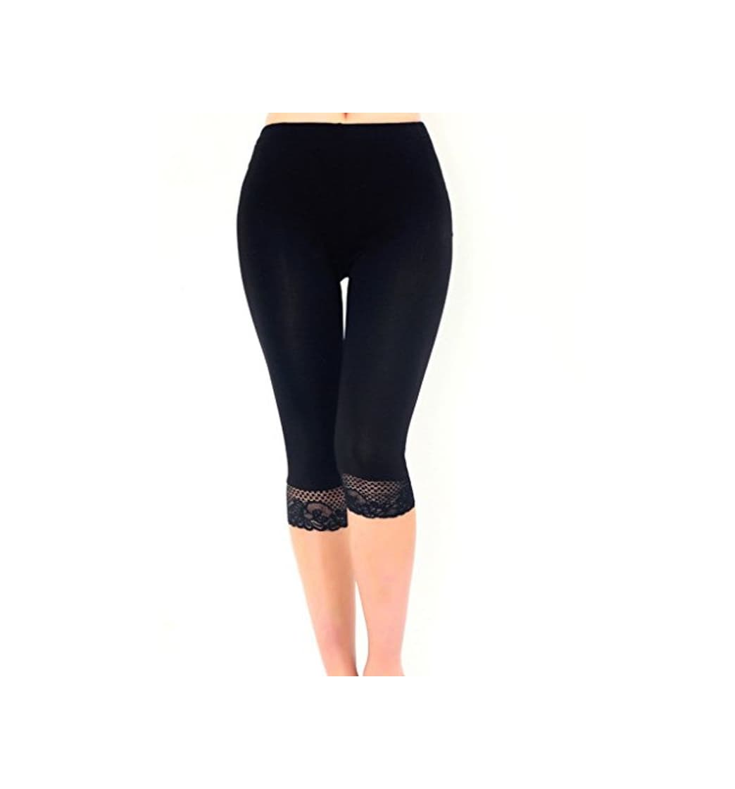 Moda Liang Rou Mujeres Spandex Recortados Leggings cordón encaje Color Negro