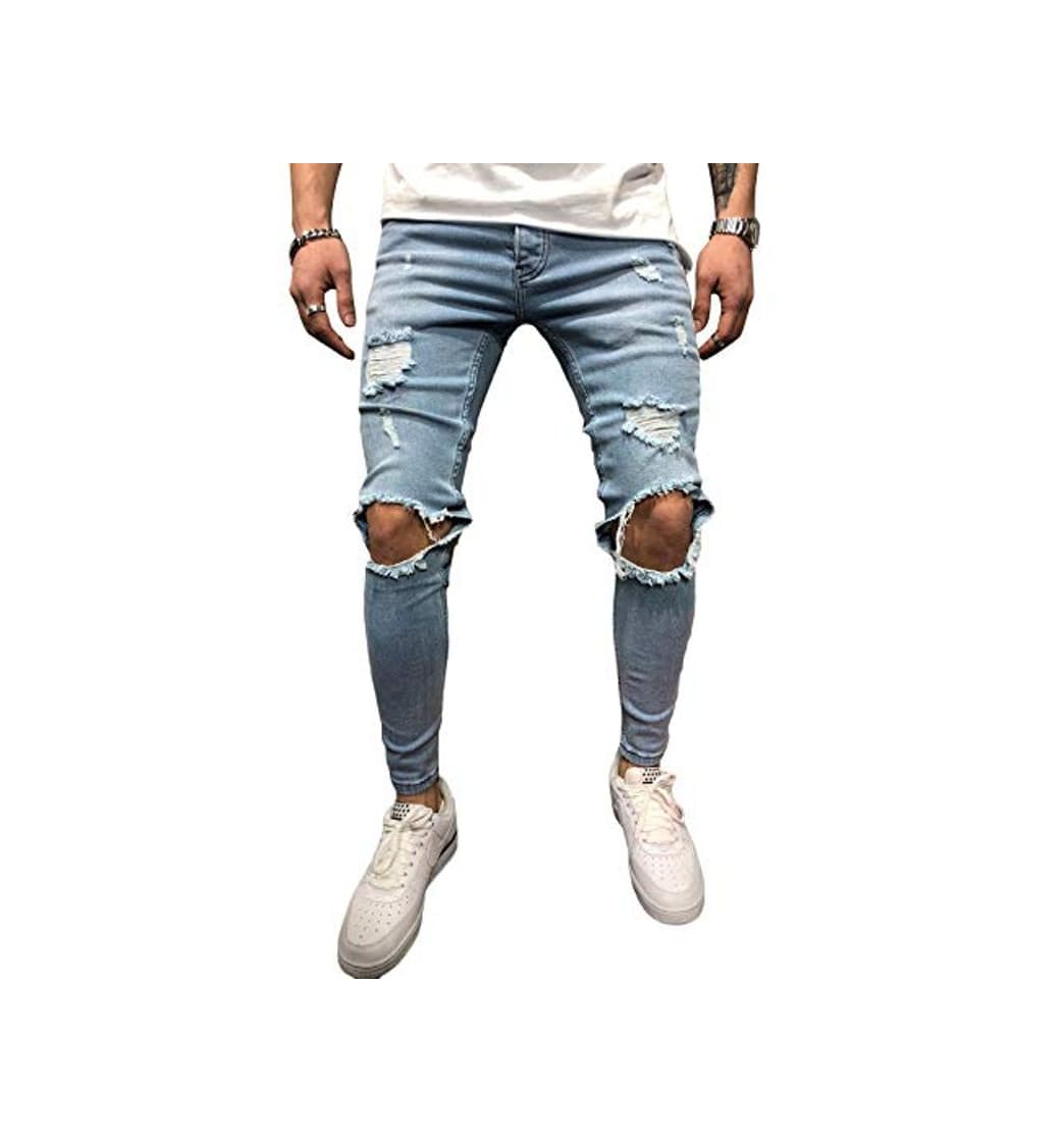 Fashion BMEIG Jeans Hombres Rotos Slim Fit Ripped Estiramiento Rodilla Destruido Flaco Denim