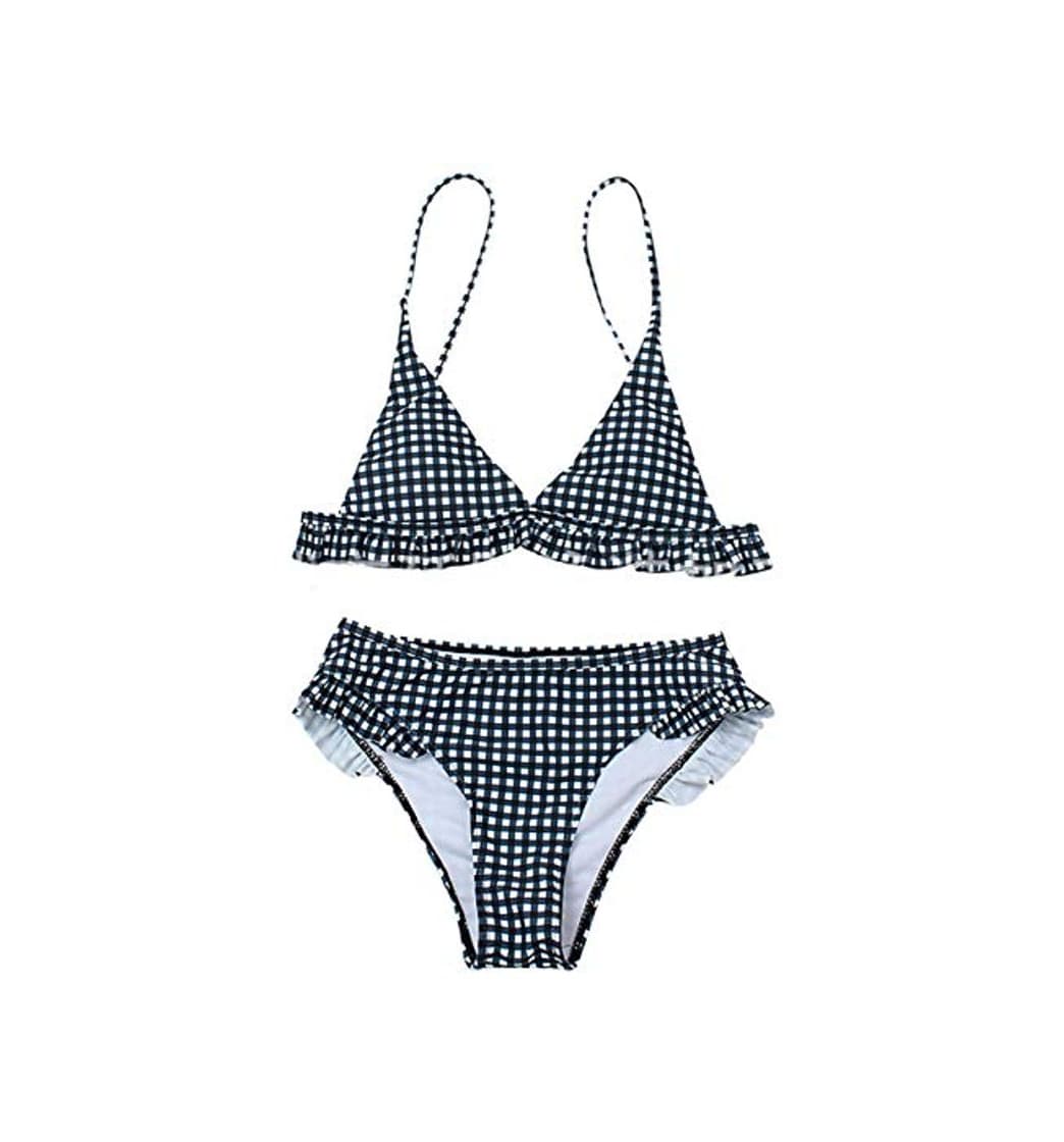 Fashion Conjunto de Bikini de Impresión a Cuadros con Volantes para Mujer Traje de Baño de Playa Acolchado Traje de Baño de Bikini de 2 Piezas