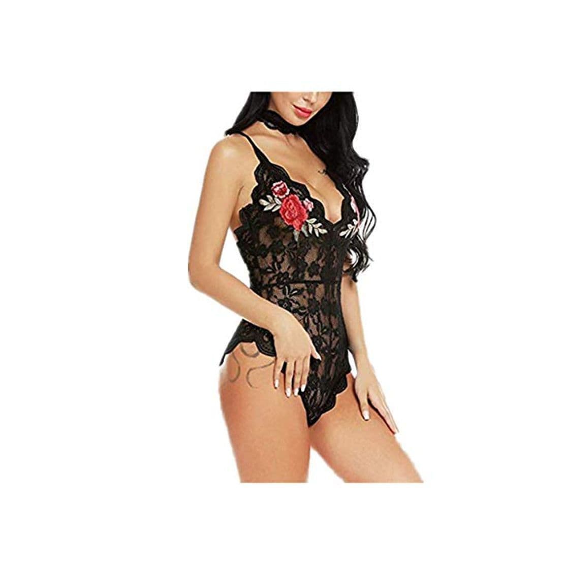 Fashion Reooly Mujeres Body de Encaje Sexy con Cuello en v Teddy Lingerie Jumpsuit Bordado con Cuello