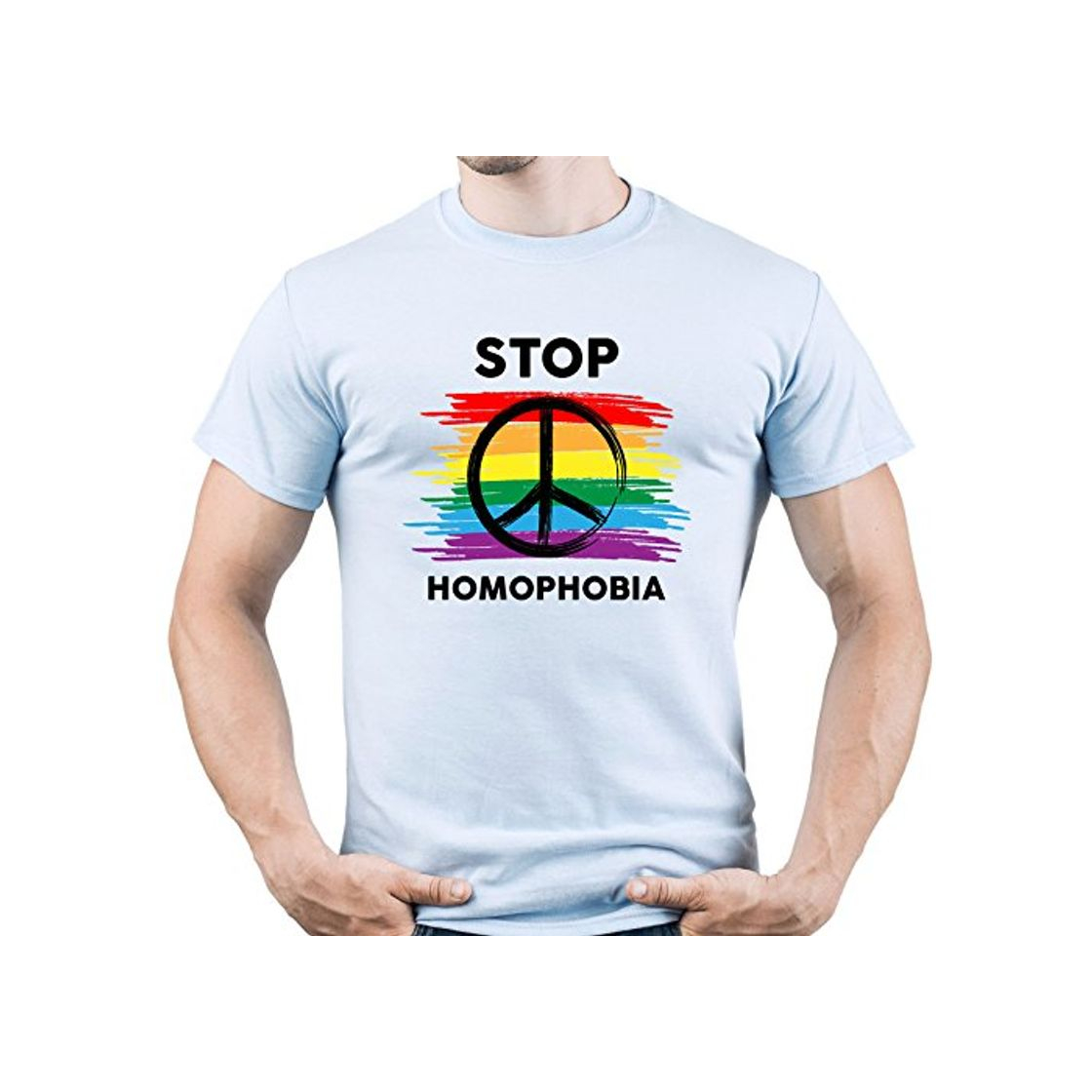 Moda EUGINE DREAM Stop Homophobia LGBT Gay Rights Camiseta para Hombre Azul Claro L