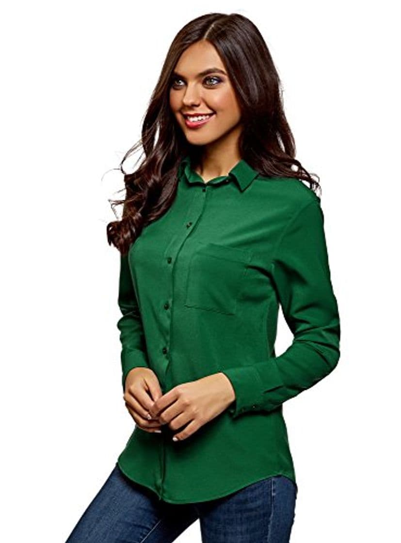 Fashion oodji Ultra Mujer Blusa Recta con Bolsillo en el Pecho, Verde, ES