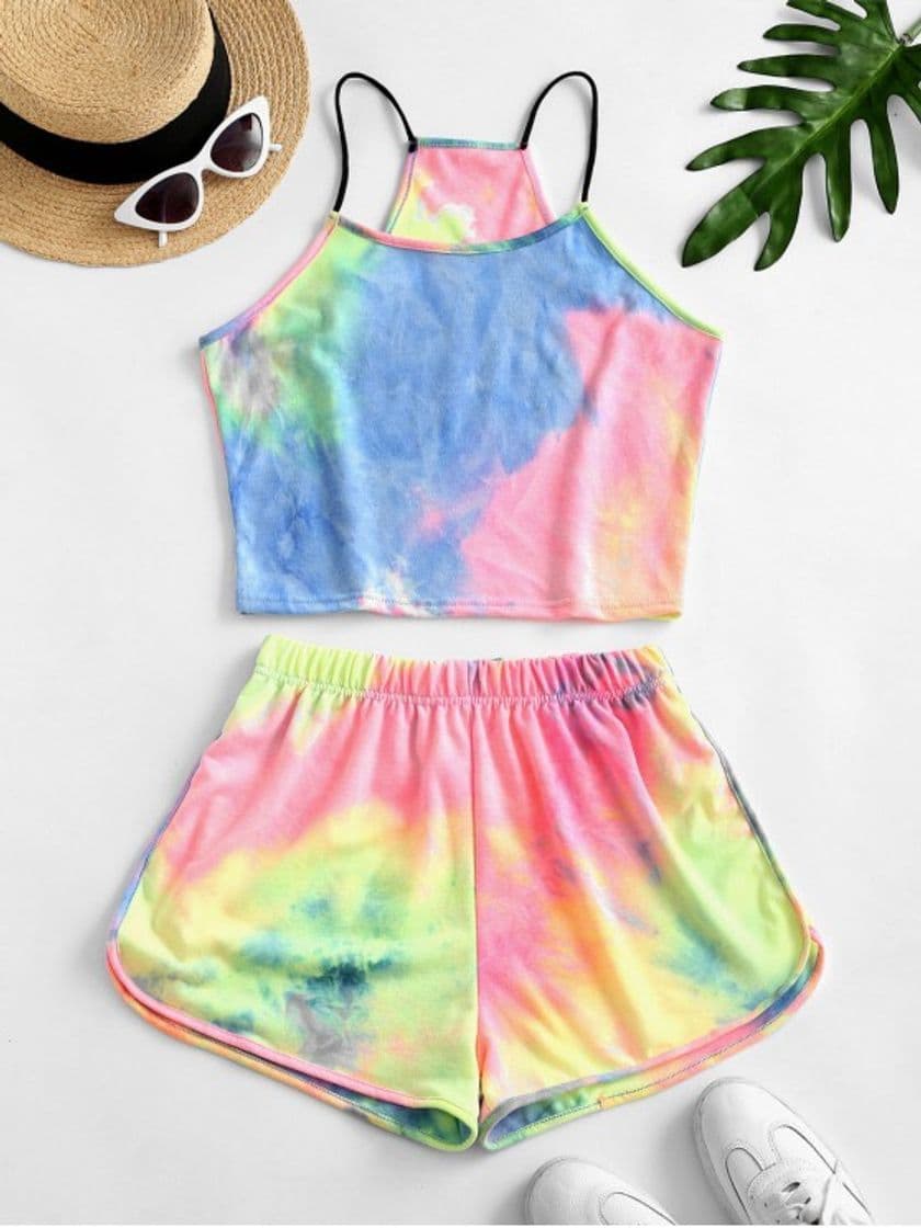 Fashion Shanxia Tie-Dye Gradient Halter Crop top y pantalones cortos de dos piezas