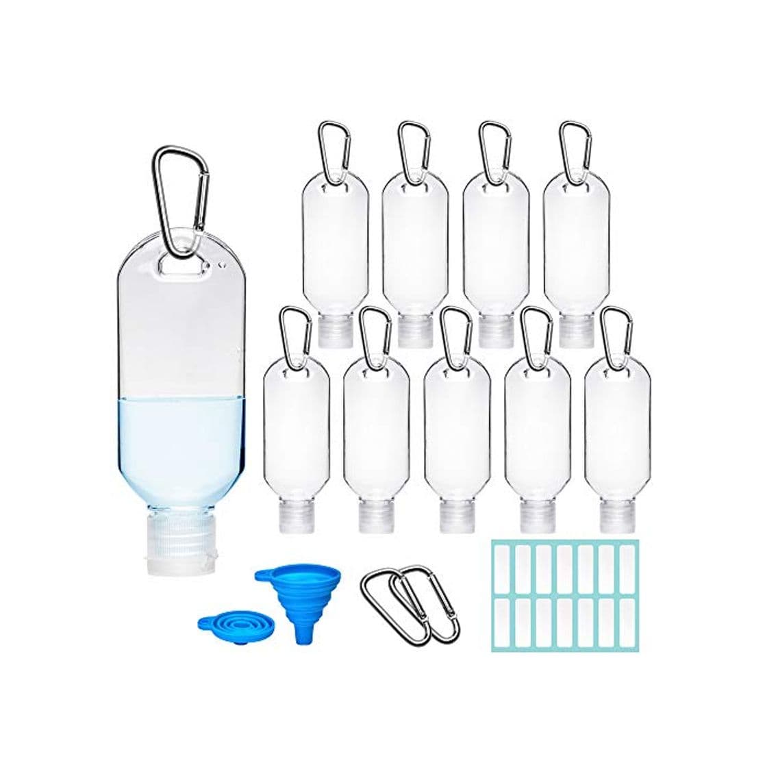 Fashion Olycism 10 Piezas 50ml Botellas de Viaje Recargables Vacías Botellas de Plástico con Mosquetón Recipiente Portátil de Plástico Transparente de Viaje para Desinfectante de Manos Contenedor