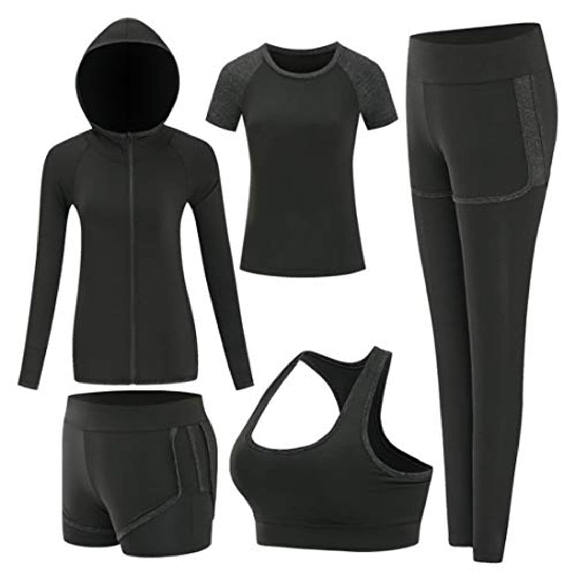 Moda Inlefen Conjuntos de chándal de Mujer Conjunto de Traje Deportivo Conjunto de Running Suave Gimnasio para Correr Traje Deportivo Conjunto de 5 Piezas Conjuntos de Ropa Deportiva para Mujer Negro 2XL