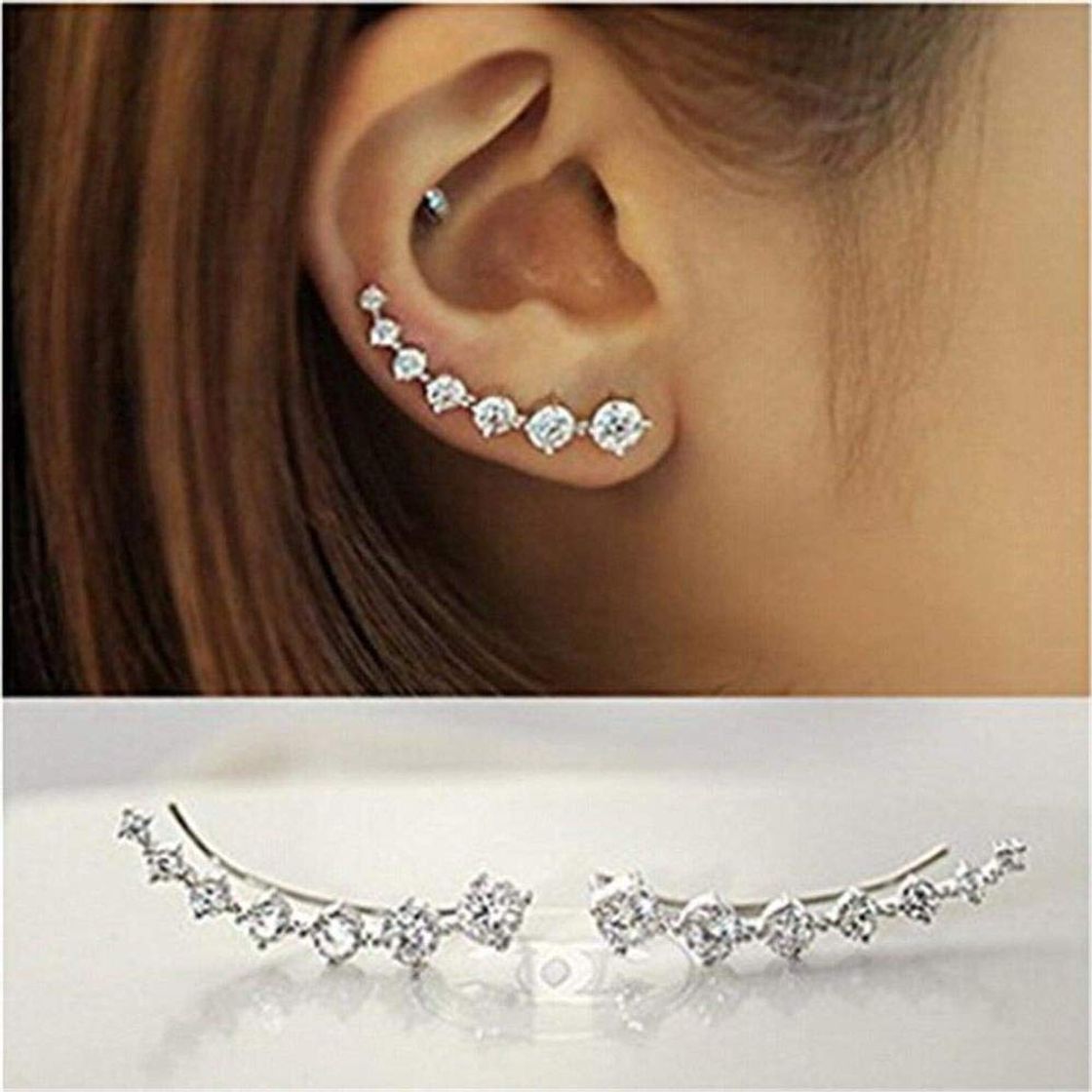 Moda 7 Cristales Ear Cuffs Hoop Climber S925 Sterling Pendientes de plata Pendiente