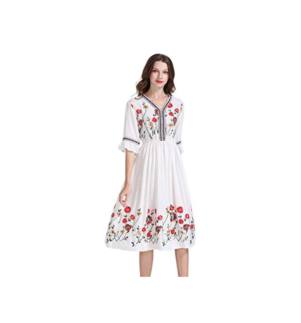 Moda Shineflow Vestido de cóctel de manga corta con bordado mexicano floral plisado a la línea A para mujer Blanco Blanco 2 S