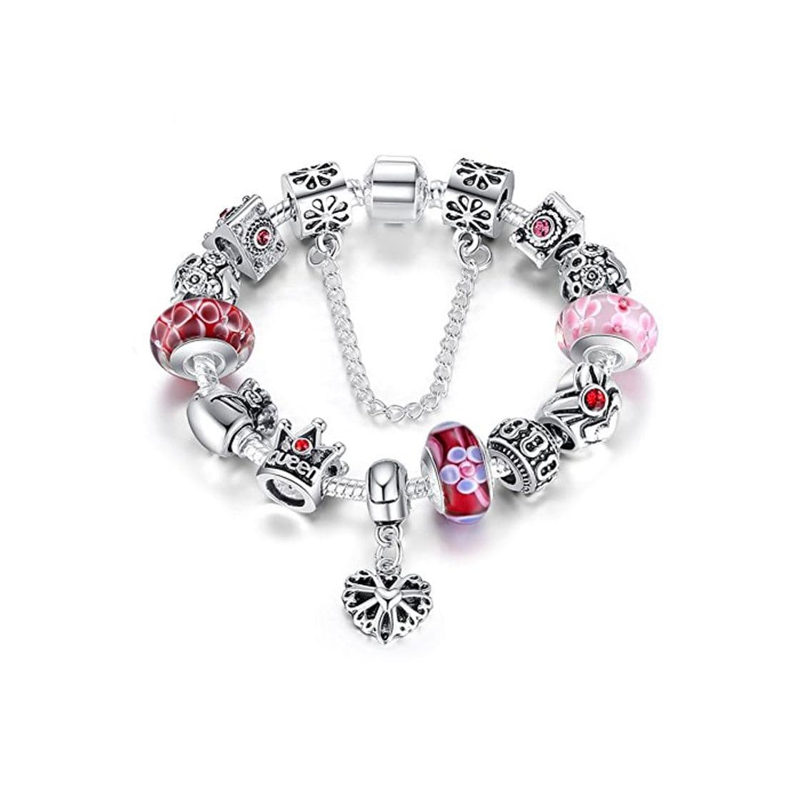 Moda ATE Charm Pulsera Abalorios Corona Corazón Mujeres Cadena Seguridad JWB110