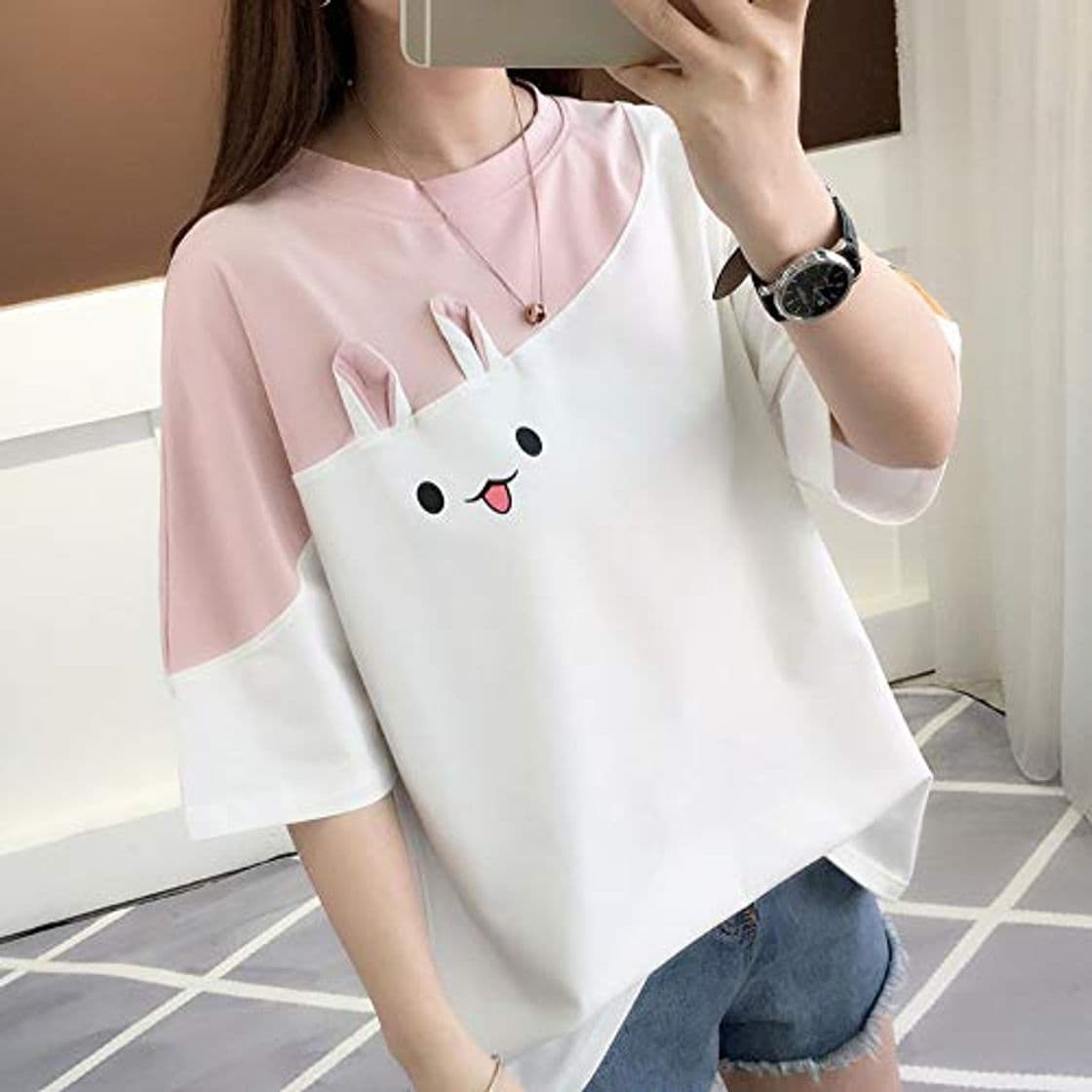 Producto ZHOUBIANREN Camiseta T-Shirt Versión Coreana Costuras Sueltas Kawaii Estudiante Lindo Conejo Short-Sleeved