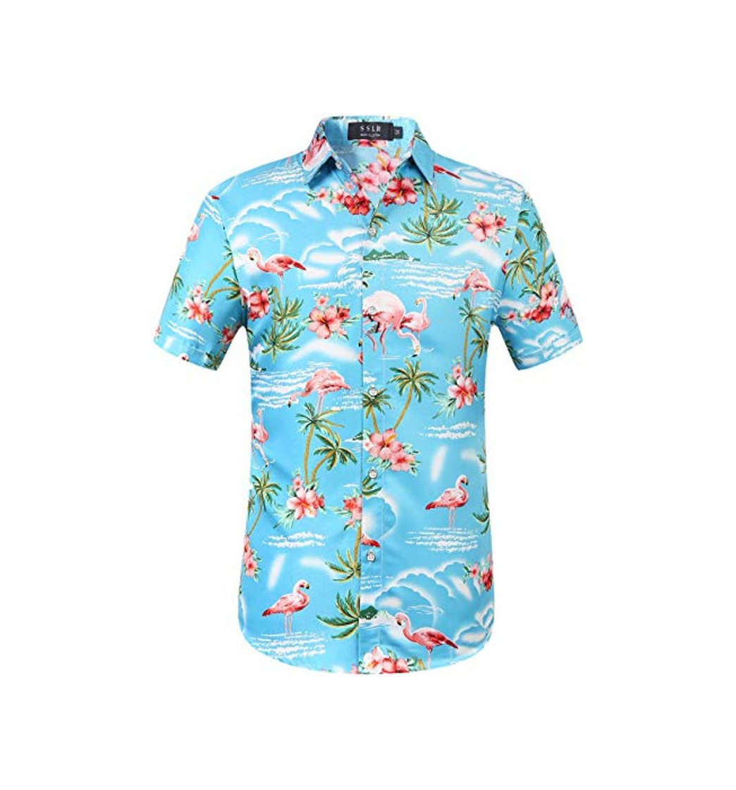 Fashion SSLR Camisa Manga Corta con Estampado de Flamencos y Flores Estilo Hawaiana