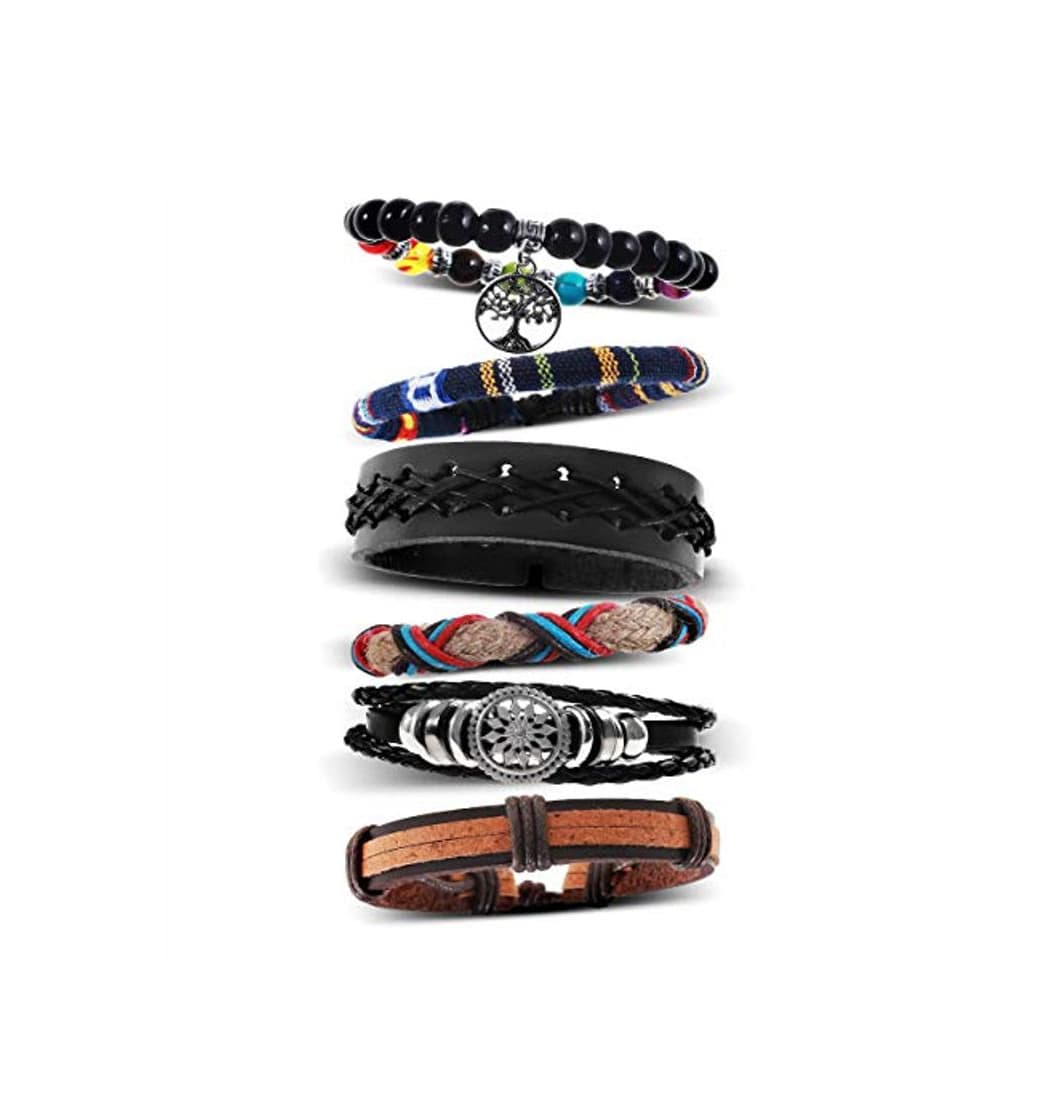 Moda 6 Piezas Étnico Tribal Pulsera Pulseras Cuero para Hombre Mujer Amistad Trenzado Manual De Bohemia De Madera del Grano Pulseras Etnica Tibetana Ajustable Cáñamo Pulseras Hombres Mujeres Unisex