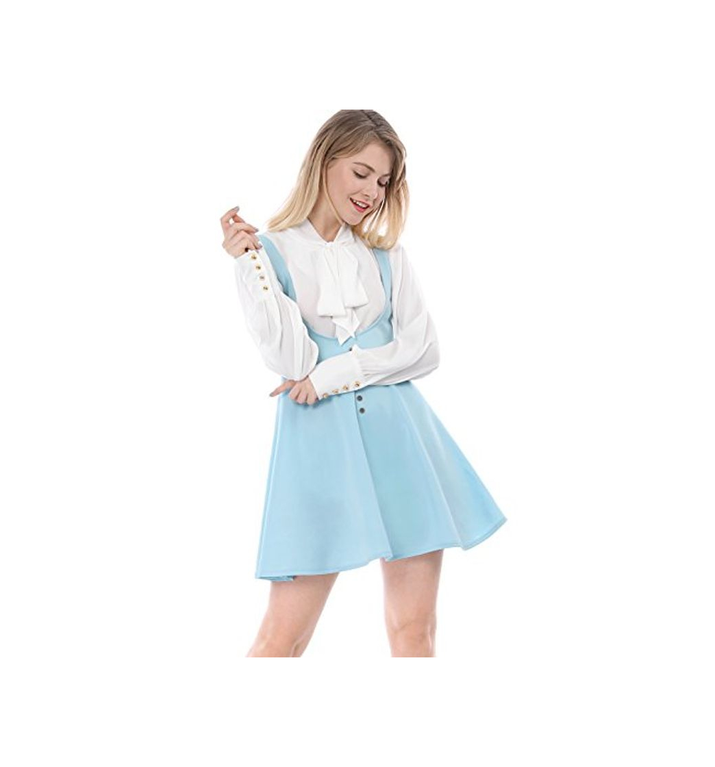 Moda Allegra K Vestido por Encima De La Rodilla Falda De Liga para Mujer Decoración De Botones Dobladillo Acampanado Azul S