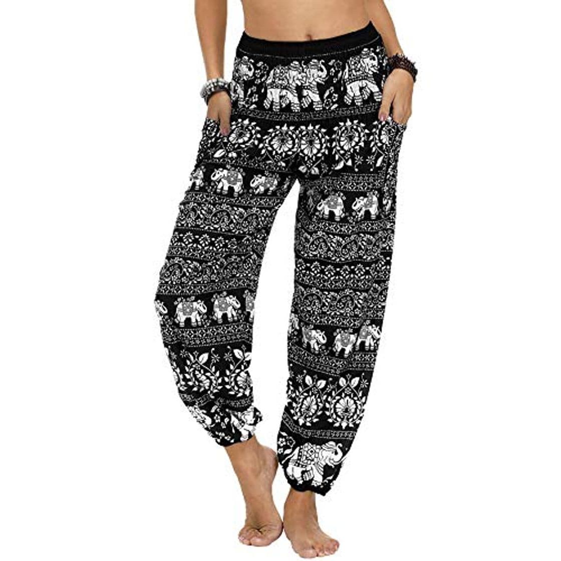 Lugar Nuofengkudu Mujer Hippies Pantalones Harem Tailandeses Boho Estampados Bolsillos Cintura Alta Baggy