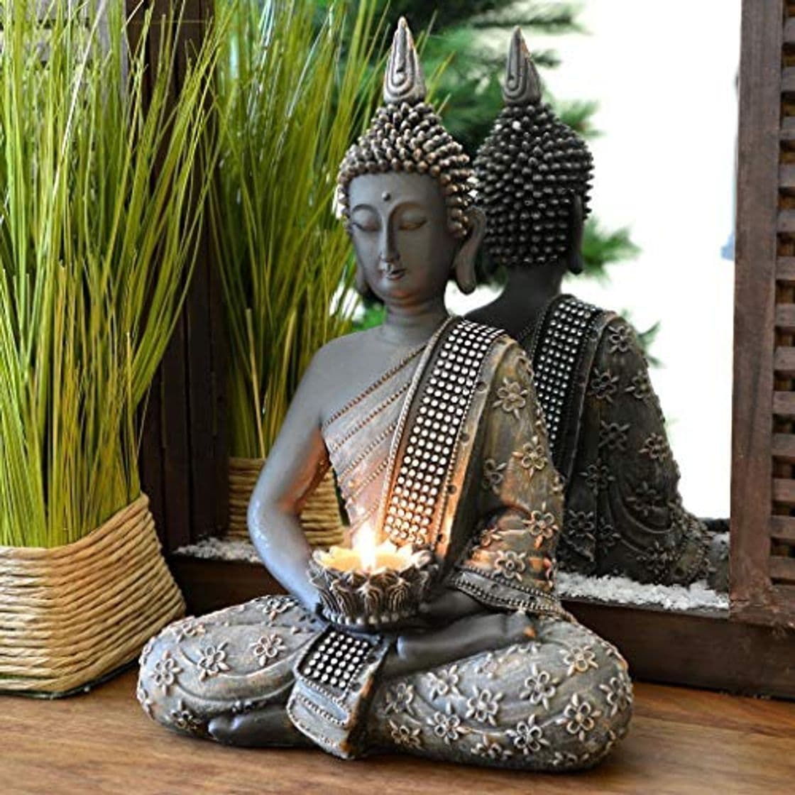 Elemento de la categoría hogar INtrenDU® Buda Figura Decorativa Chino 31 cm con candelabro decoración Zen para Interior