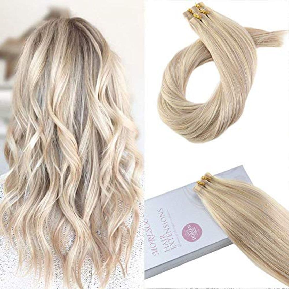 Producto Moresoo 20 Pulgadas Extensiones Adhesivas Pelo Natural 100% Real Remy Human Hair Seamless Skin Weft Tape in Hair Extensions 50g 20 PCS Color Rubio Ceniza Highlighted with Blonde Glue in Hair