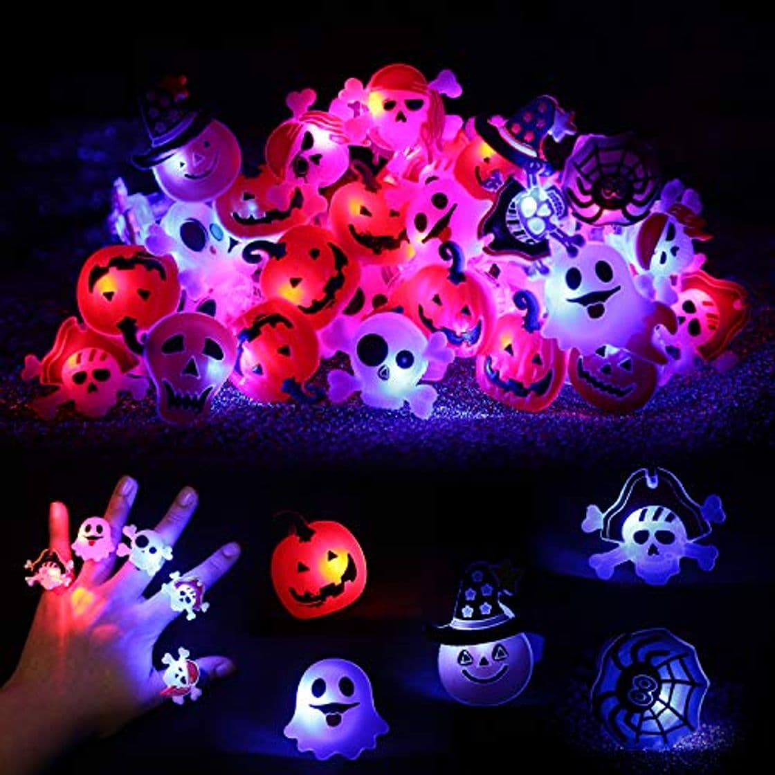 Producto 60 Piezas Decoraciones de Anillos de Flash LED Favores de Fiesta de Halloween Anillos de Goma de Dedo de Flash en Formas Varias de Calabaza Esqueleto Araña Elfos