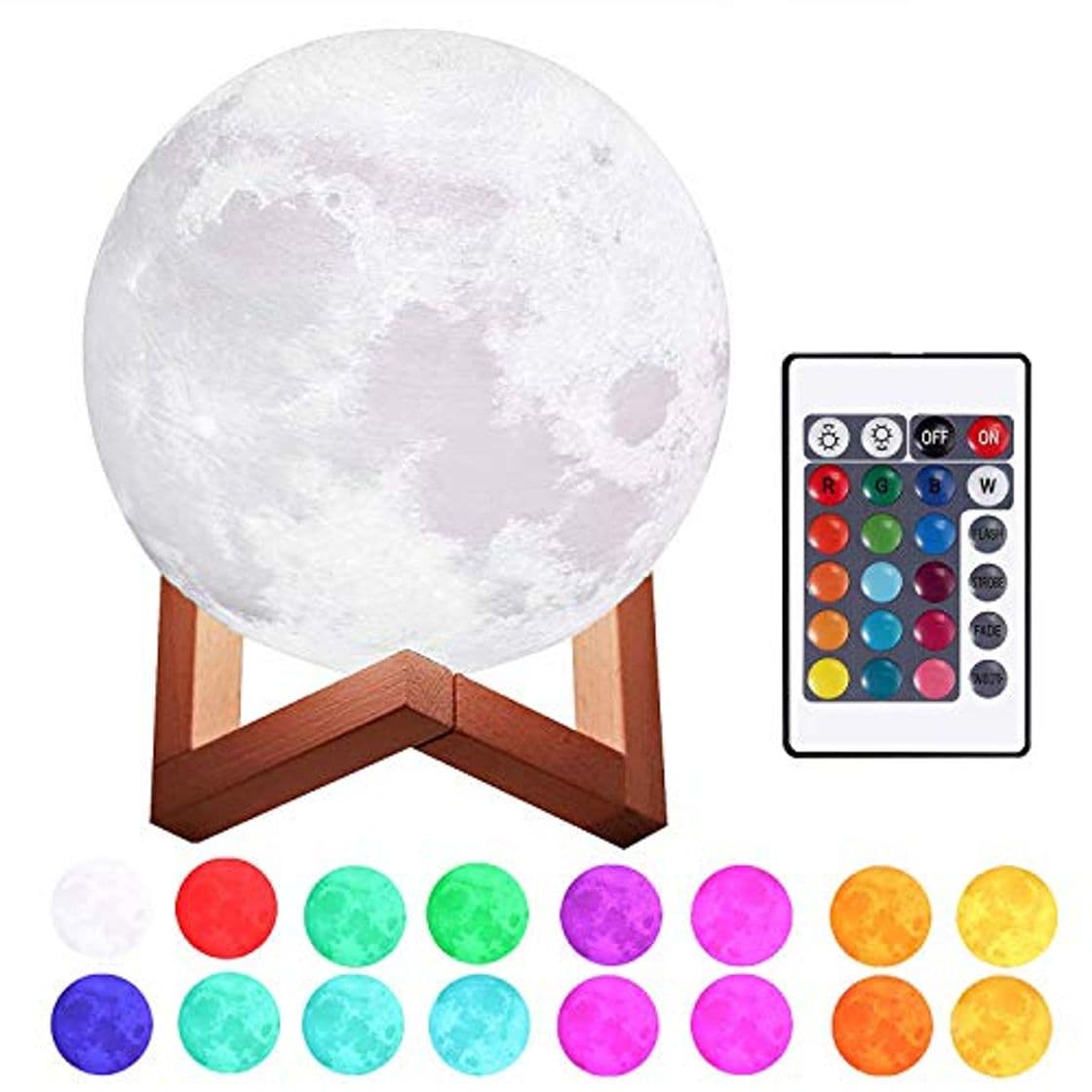 Product Justech Lámpara de Luna en 3D 15cm Control Remoto y Control Táctil 16 Colores 4 Modos RGB Luz Nocturna Luna LED con Soporte de Madera Carga USB para la Decoración del Dormitorio Regalo para Navidad