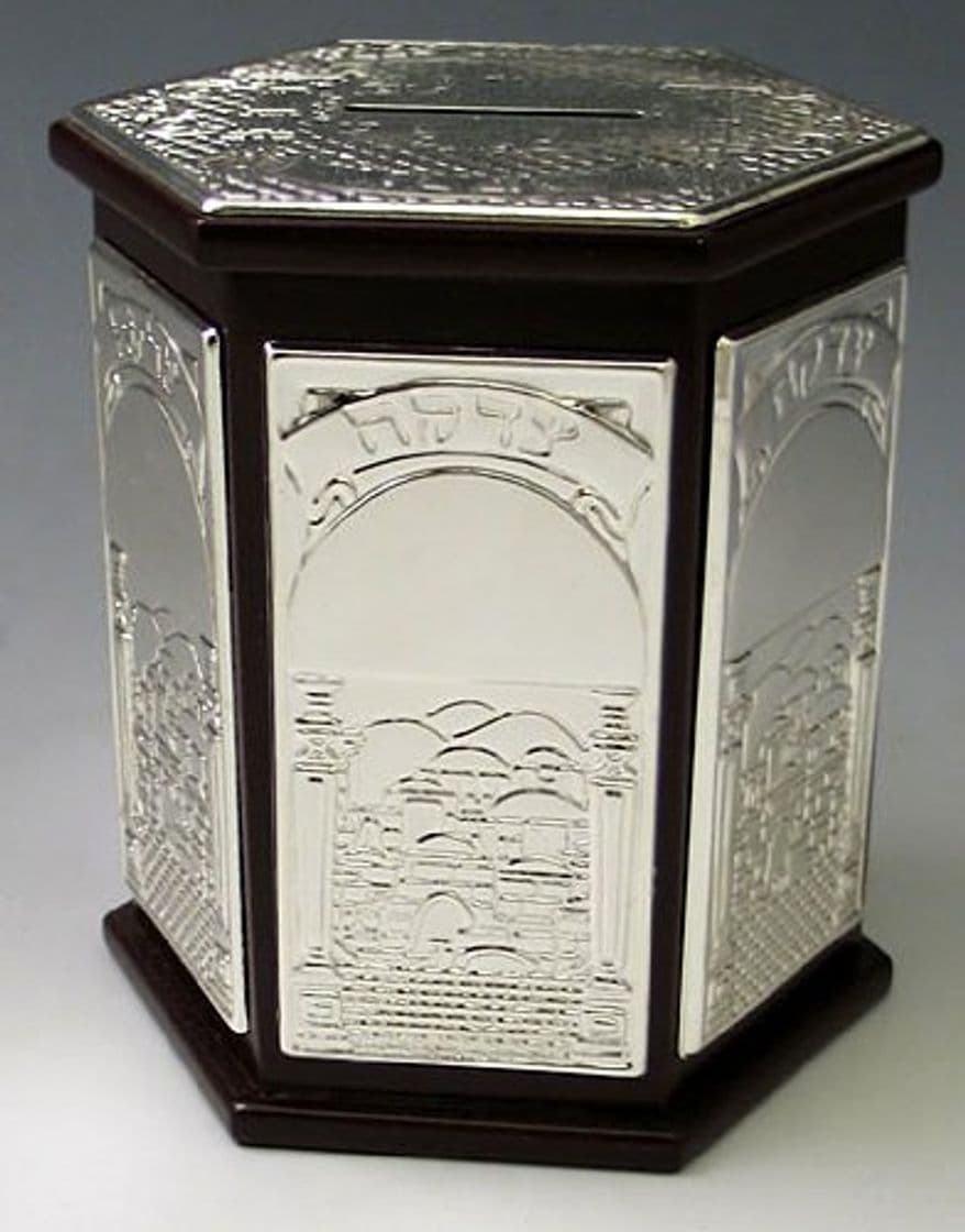 Product Zion Judaica Madera y Plata Hexagonal Caja tzedaká – Jerusalén