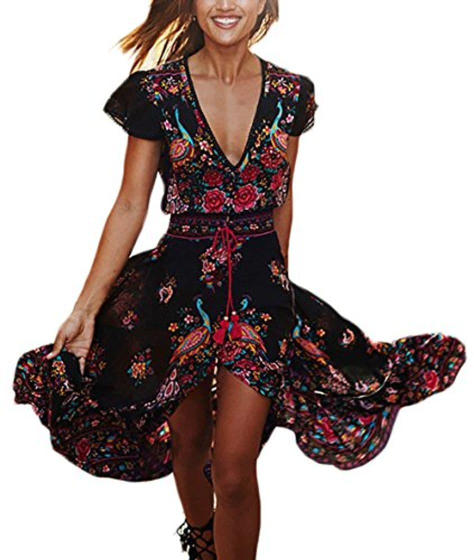 Moda Mujer Vestidos Largos De Verano Vestidos Playa Elegantes Manga Corta V Cuello Casual Vintage Hippie Boho Flores Vestidos Verano Vestido Largo