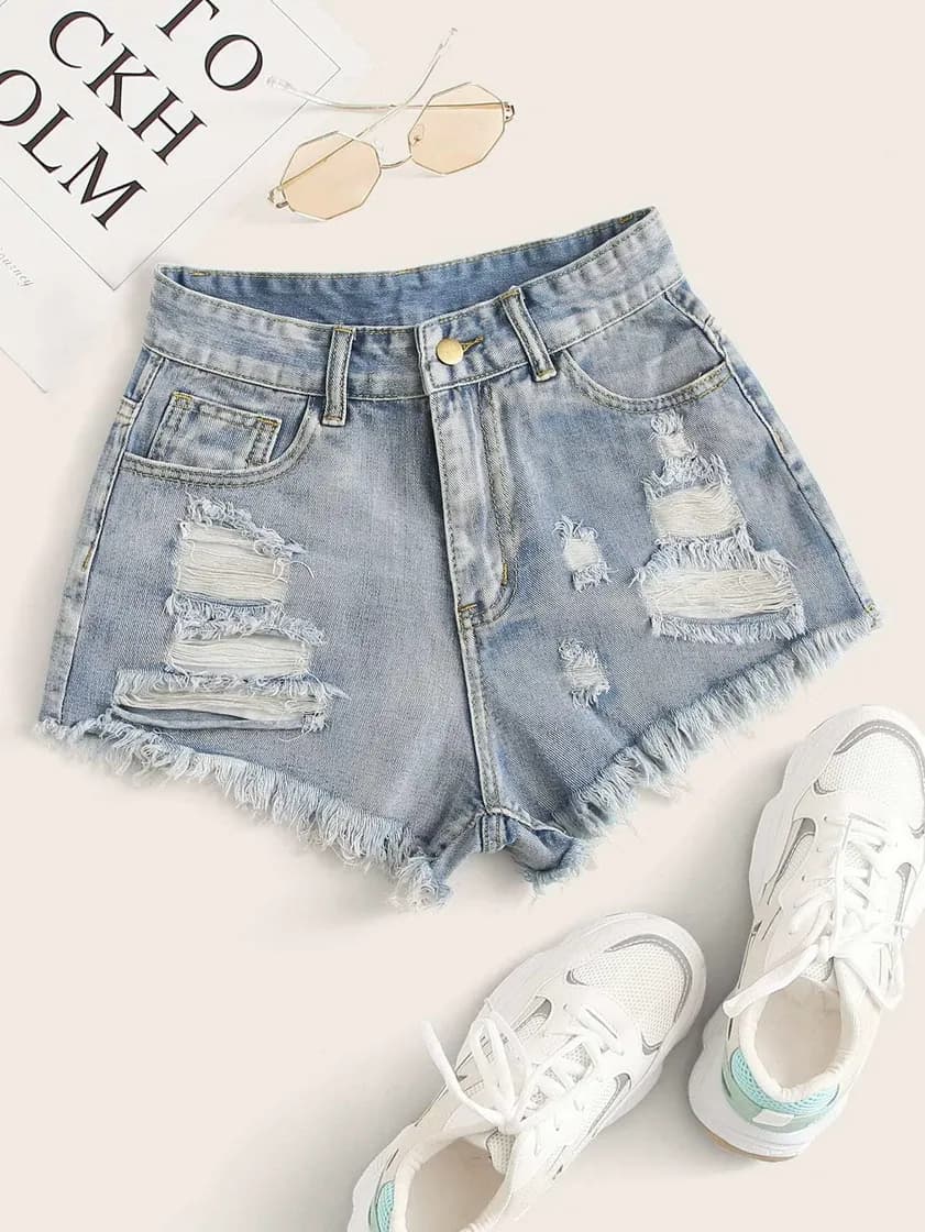 Fashion Distressed Stone Wash Frayed Shorts | SHEIN USA