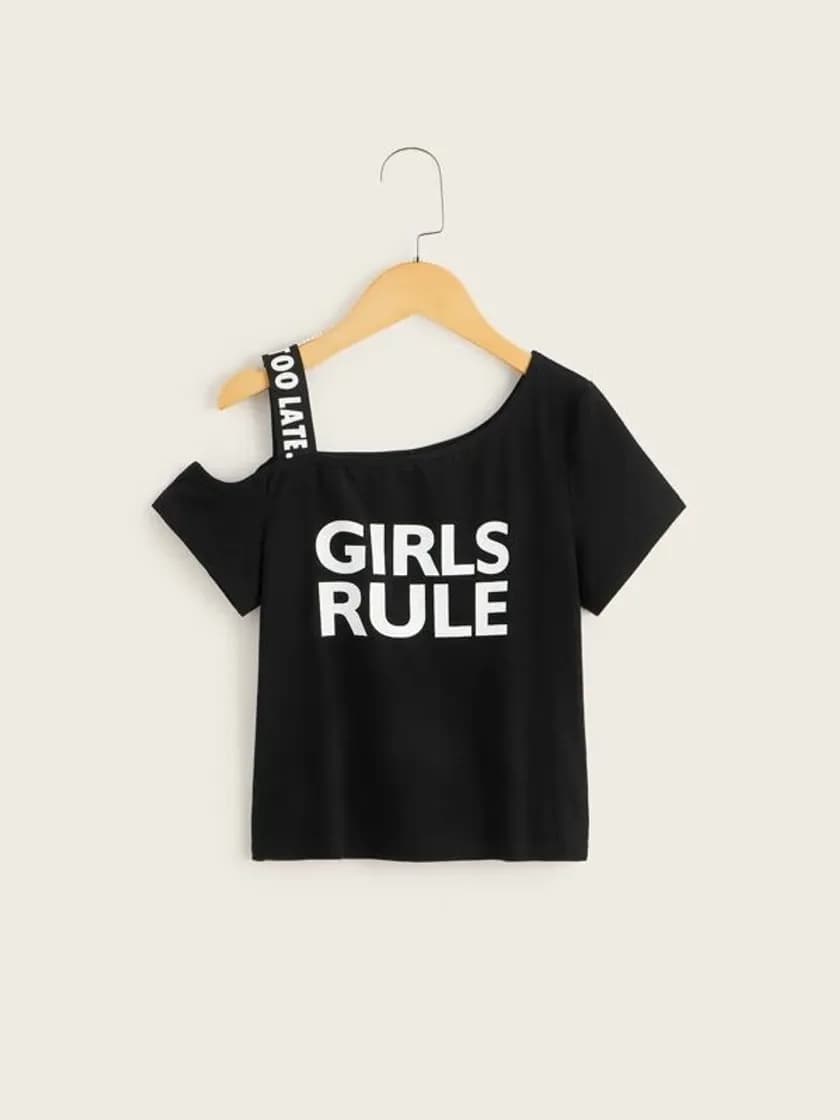 Fashion Girls Slogan Graphic Asymmetrical Neck Tee | SHEIN USA