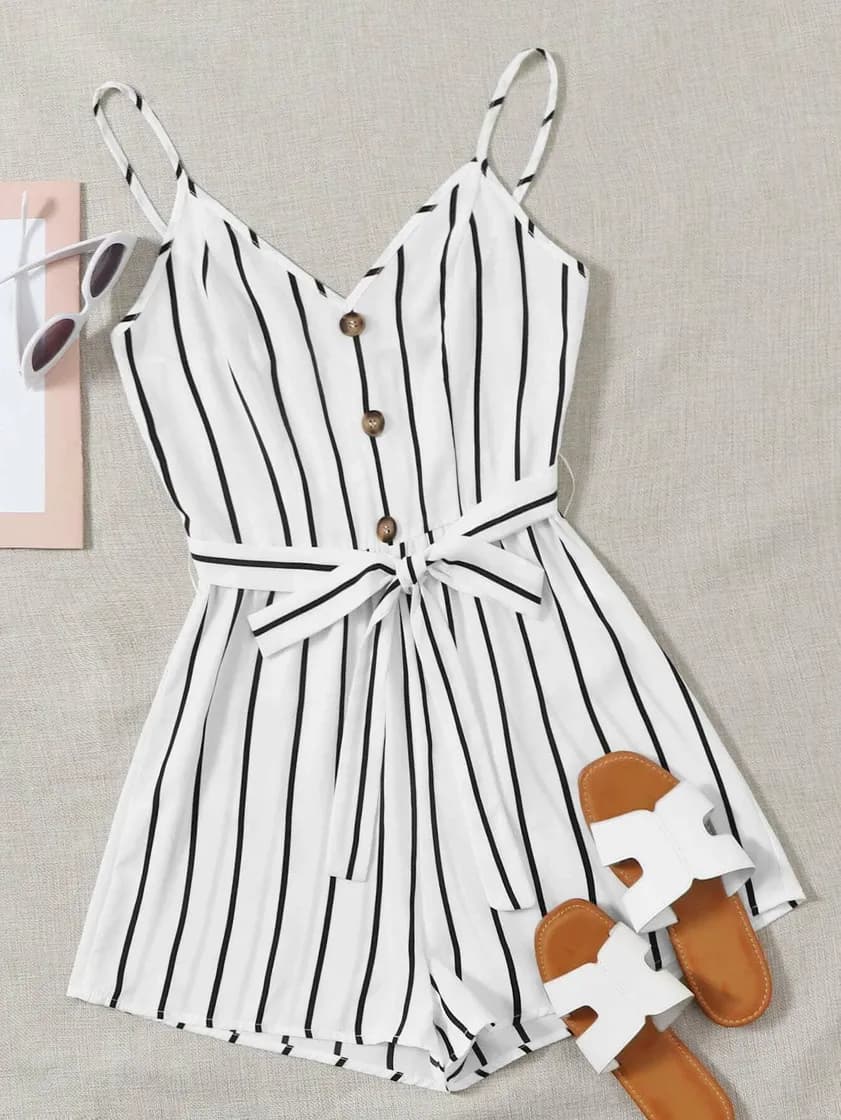 Fashion Buttoned Front Self Belted Striped Cami Romper | SHEIN Singapore