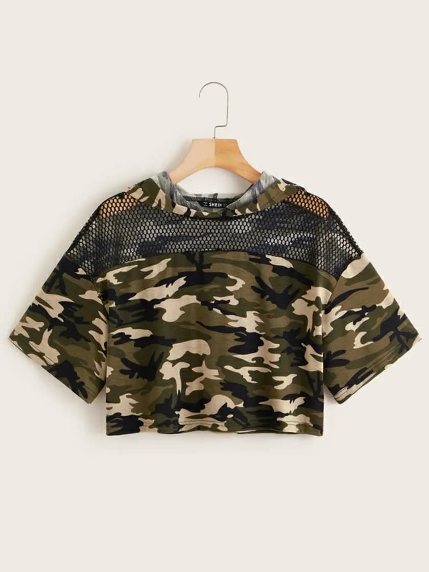 Fashion Camo Print Fishnet Yoke Trim Crop Hoodie | SHEIN EUR