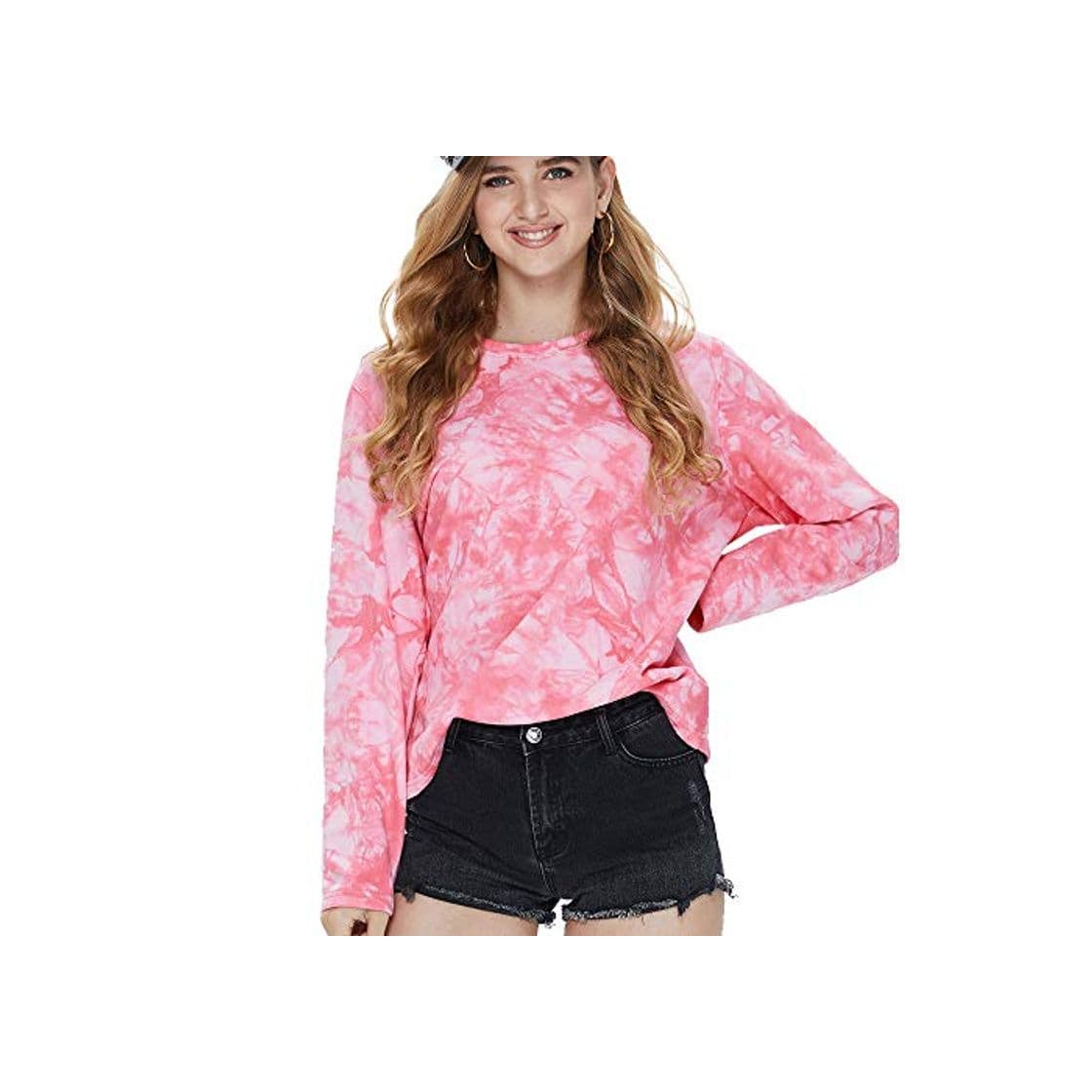 Moda Sudadera de Manga Larga con Efecto Tie Dye para Mujer Blusa con Cuello Redondo Colorido