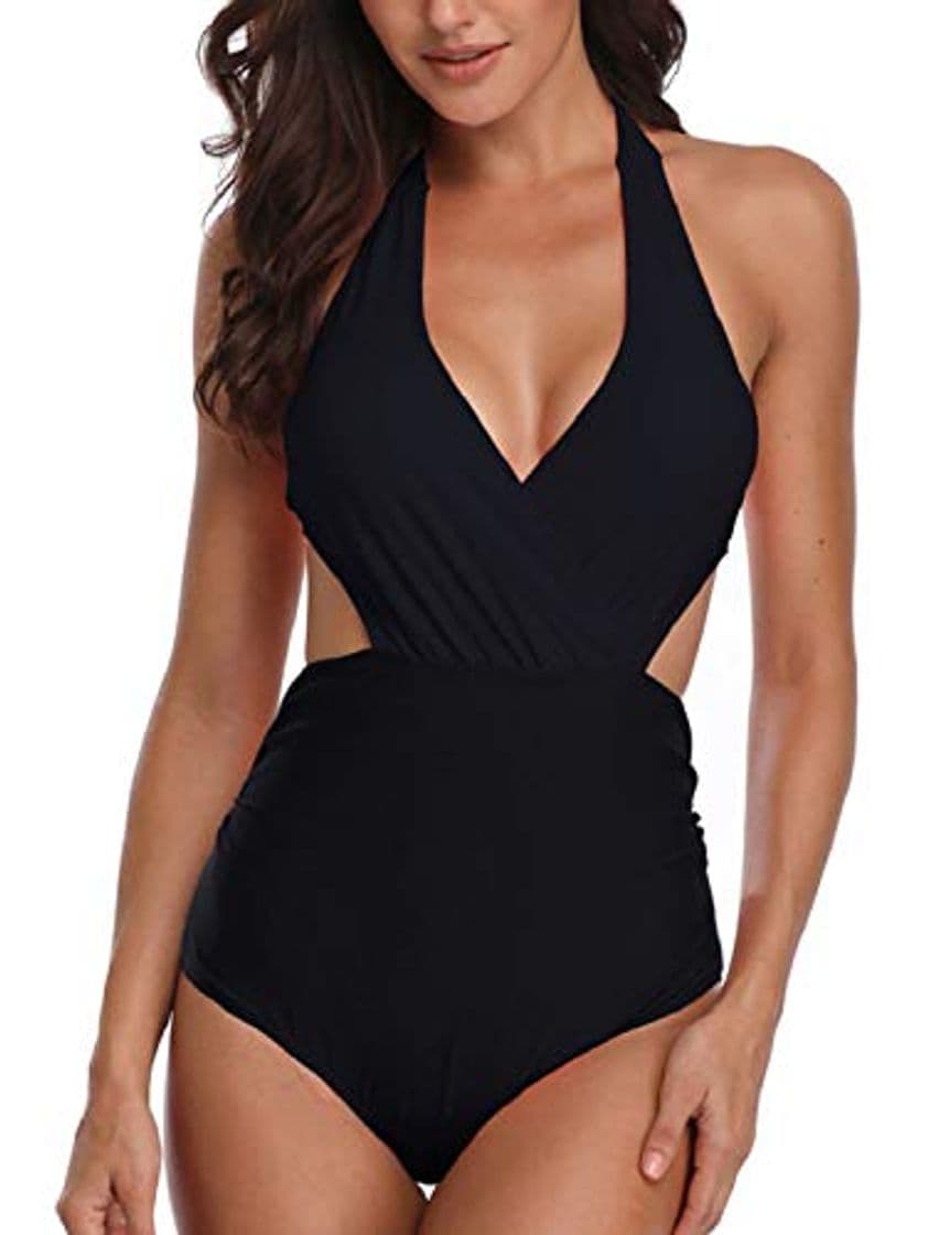 Fashion Hawiton Traje de Baño Una Pieza para Mujer Cuello en V Profundo Cruz de Vuelta Bañador Ropa de Baño Playa Monokini