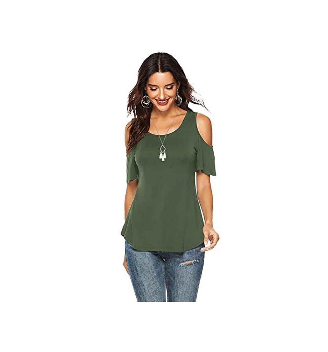 Moda Amoretu Camisetas Llanura Cuello Redondo Manga Corta Tops de túnica con Hombros Descubiertos para calzas Ejercito Verde 2XL