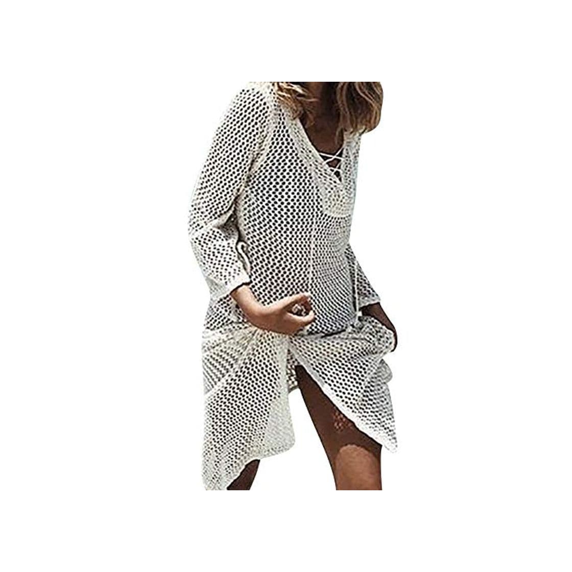 Fashion PanShui Crochet Beach Túnica Vendaje Playa Cubre Sexy Trajes de baño Cubre Mujeres Saida Praia Kaftan Beach Dress Bikini Cover Up Up Beige beige Talla única