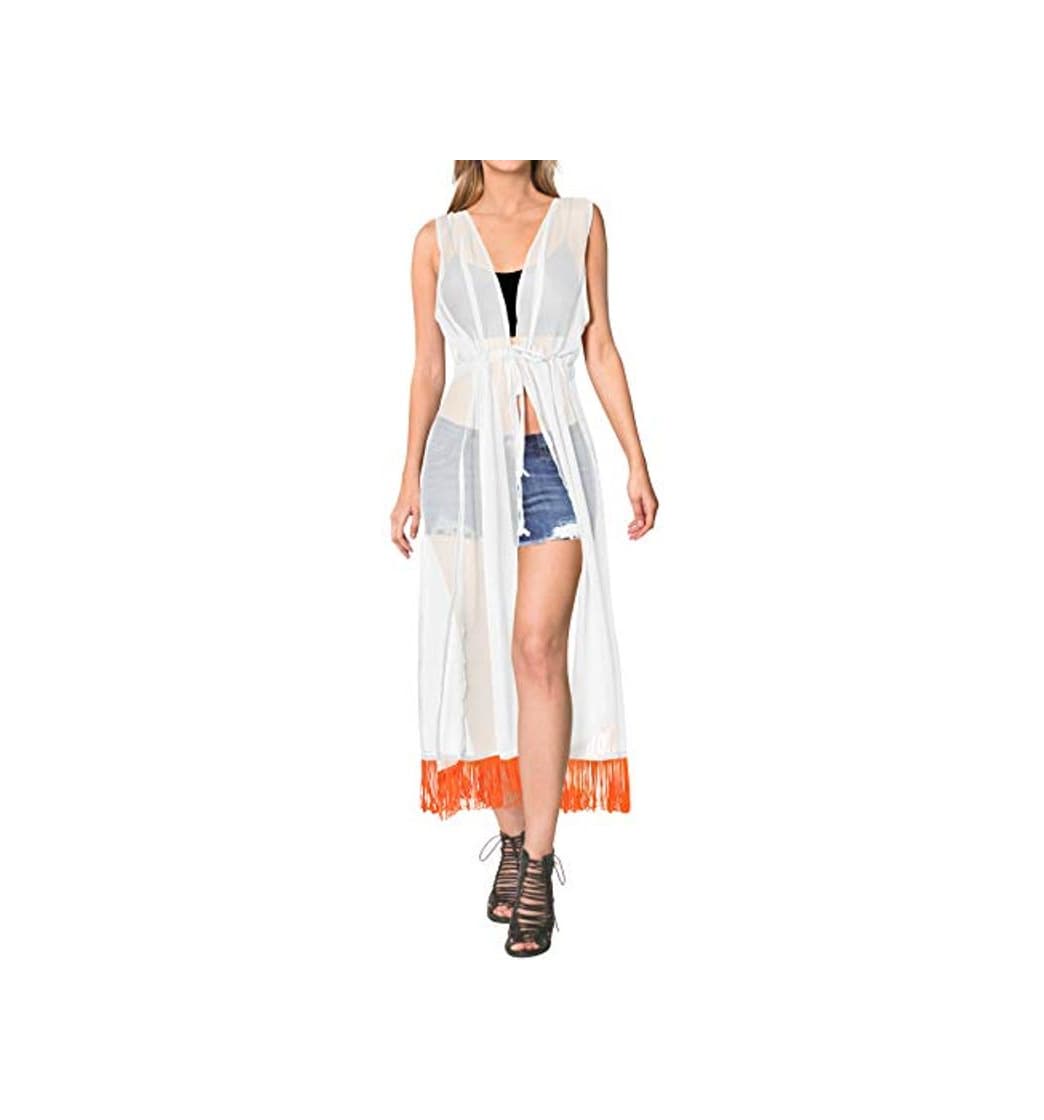 Fashion LA LEELA Cosplay Disfraces De Fiesta De Halloween Mujeres de Gasa Praia de Encaje Largo Kimono Cardigan Ganchillo de La Vendimia Borlas Midi Vestido Exóticas Protector Solar Ropa de Playa Blanco_A285