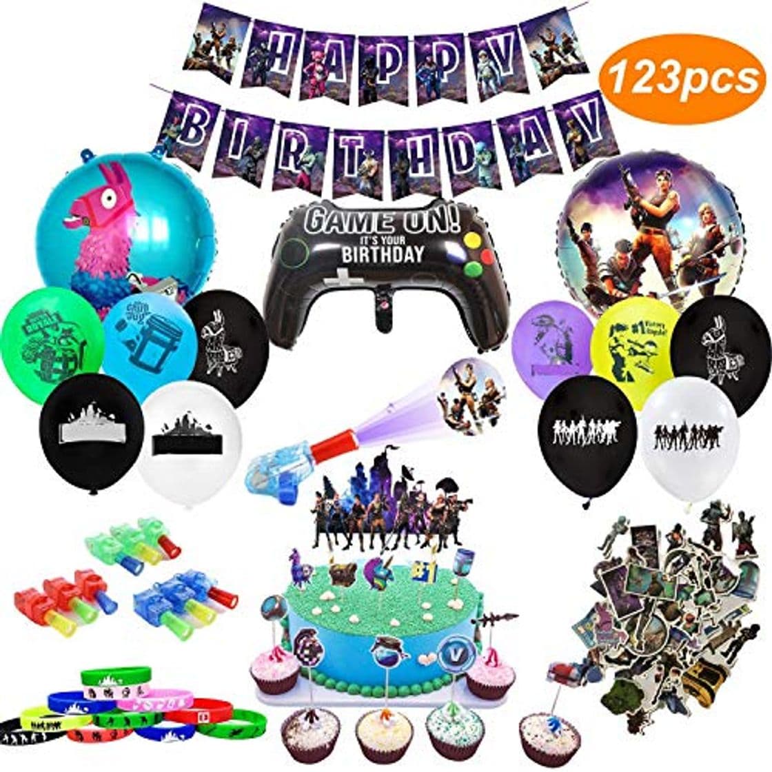 Producto Artículos de Fiestas para Fanáticos de los Videojuegos 123PCS Decoraciones para Cumpleaños de Tema de Videojuegos con Globos Pancartas Pulseras Luces de Dedo Pegatinas Adornos para Pasteles