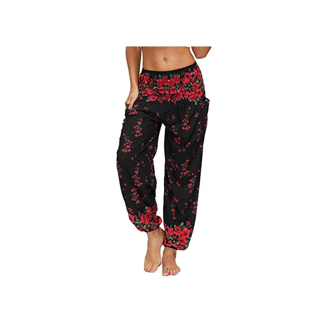 Fashion Nuofengkudu Mujer Hippies Pantalones Harem Tailandeses Boho Estampados Bolsillos Cintura Alta Baggy