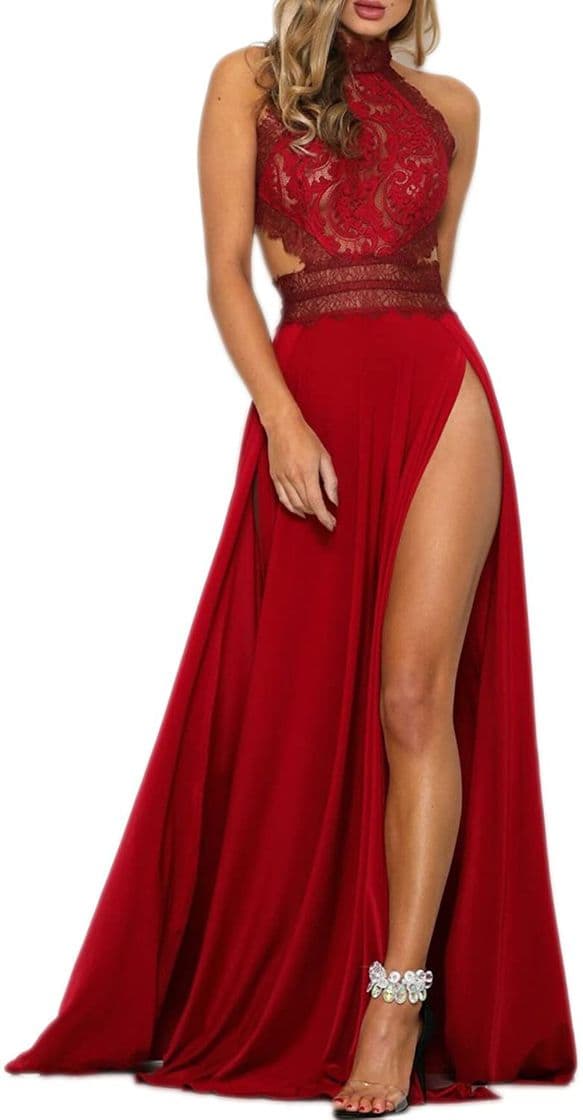 Fashion Mujer Maxi Vestido Sexy Sin Mangas Cabestro Backless División Cordón Sólido Fiesta Paseo Vestidos Rojo S