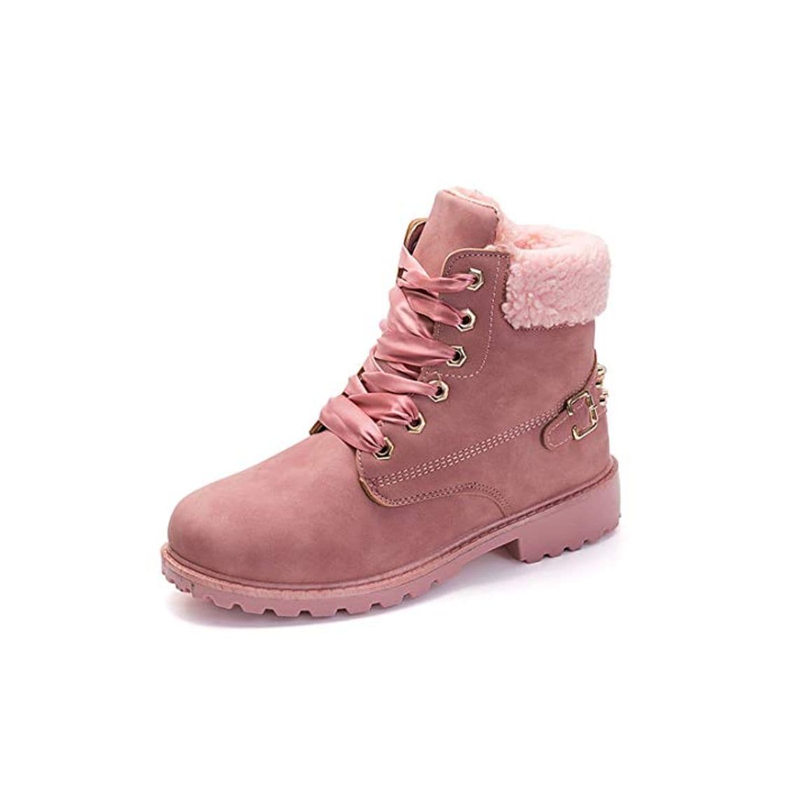 Fashion Botas Nieve Mujer Otoño Invierno Calentar Piel Forro Botines Retro Snow Boots Cordones Zapatillas Planas Rosa 39