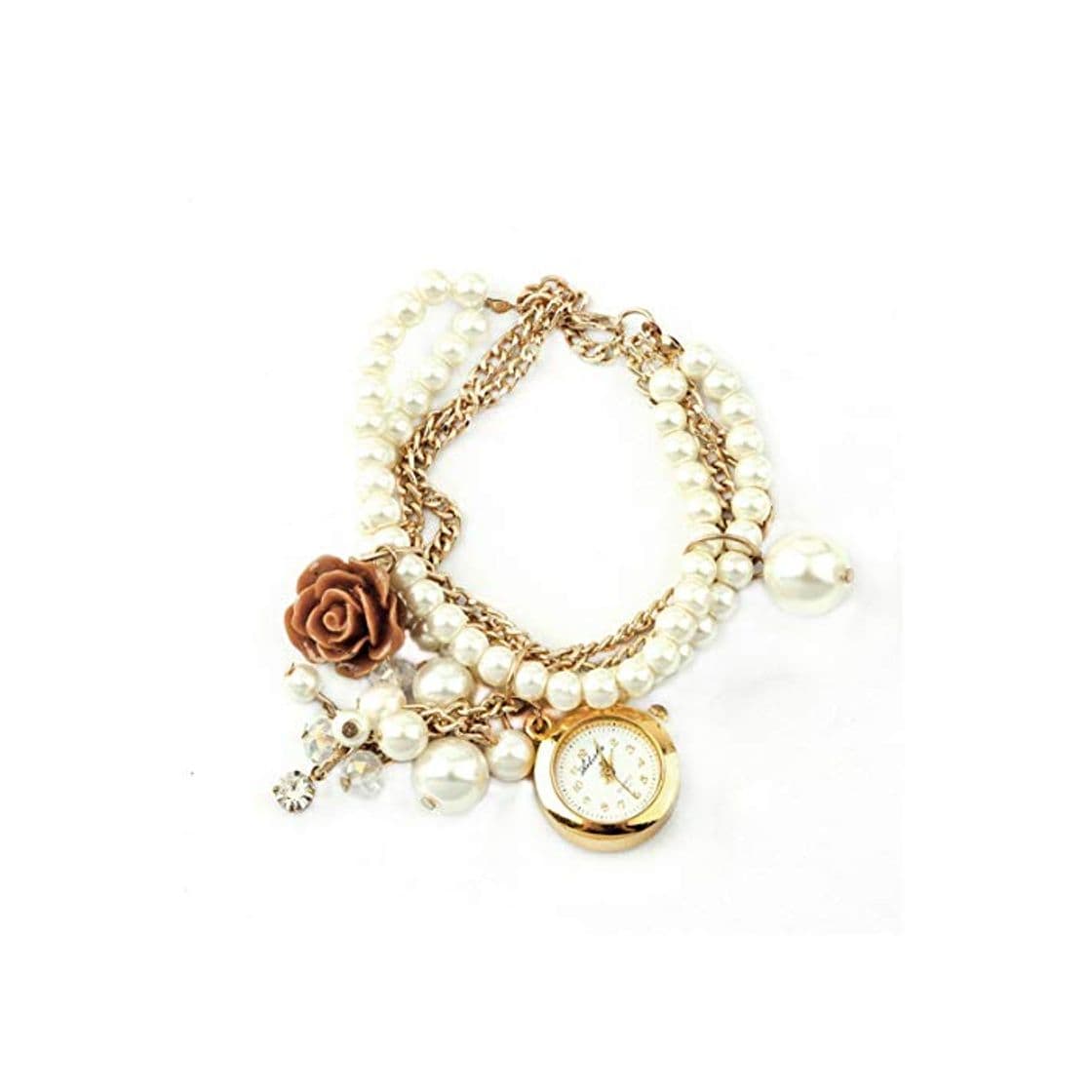 Moda Hot Fashion Women Rose Flower Faux Pearl Round Dial Pulsera Reloj de Pulsera JohnJohnsen