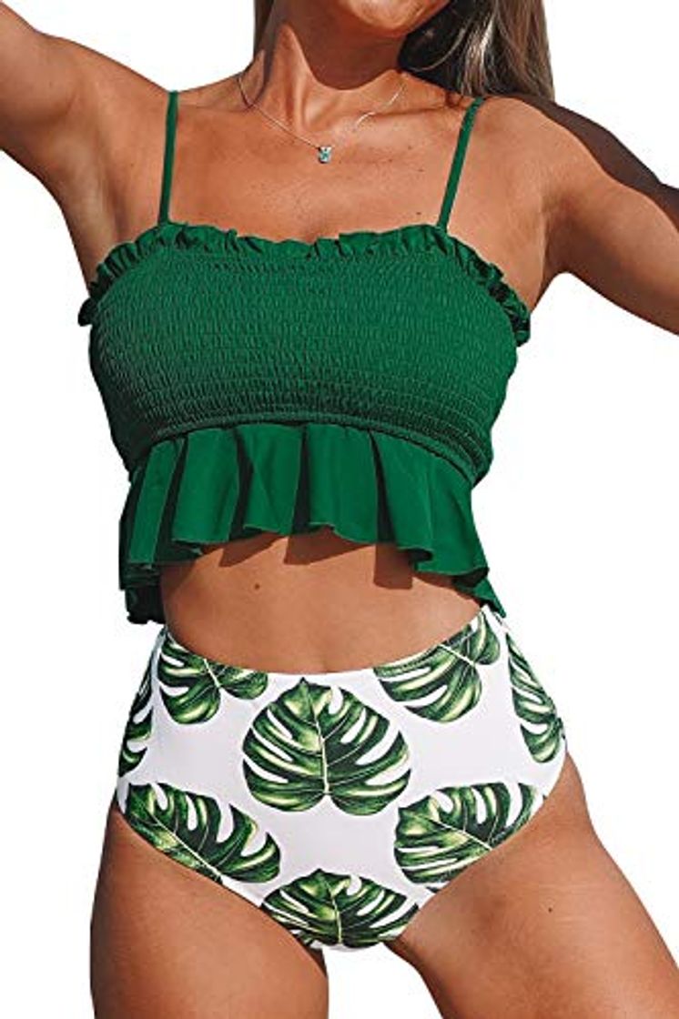 Moda CUPSHE Mujer Bikinis Tejido Tipo Nido de Abeja Traje de baño de Dos Piezas Verde XL