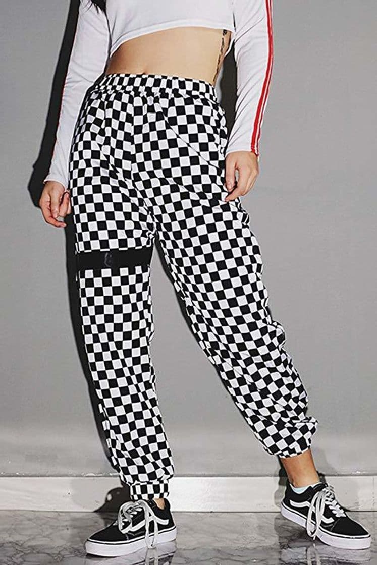 Moda Mujeres Negro Blanco Plaid Pantalones Deportivos Sueltos Cintura Elástica Cónica Piernas Largas