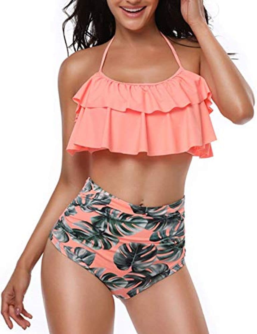 Fashion heekpek Bikini Mujer con Volantes Halter Top Relleno Cintura Alta Biquini Tallas Grandes