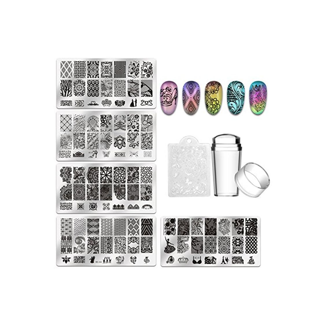 Belleza Biutee 5 pcs Placas Estampacion Uñas de Acero Inoxidable Nail Art Estampador