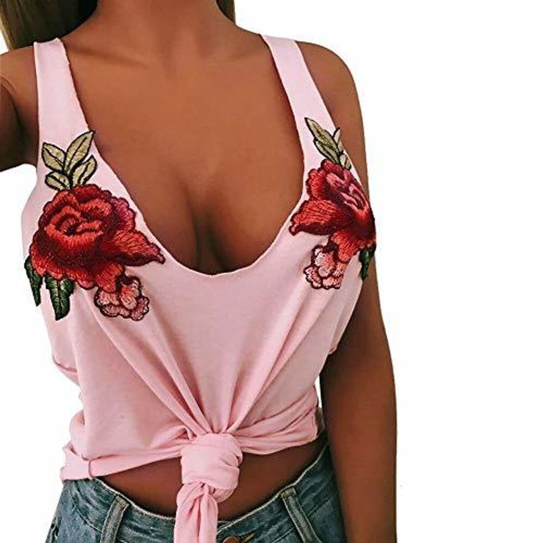 Producto WDFSER Verano Moda Mujer Sexy Cuello En V Apliques Rosa Manga Tanques