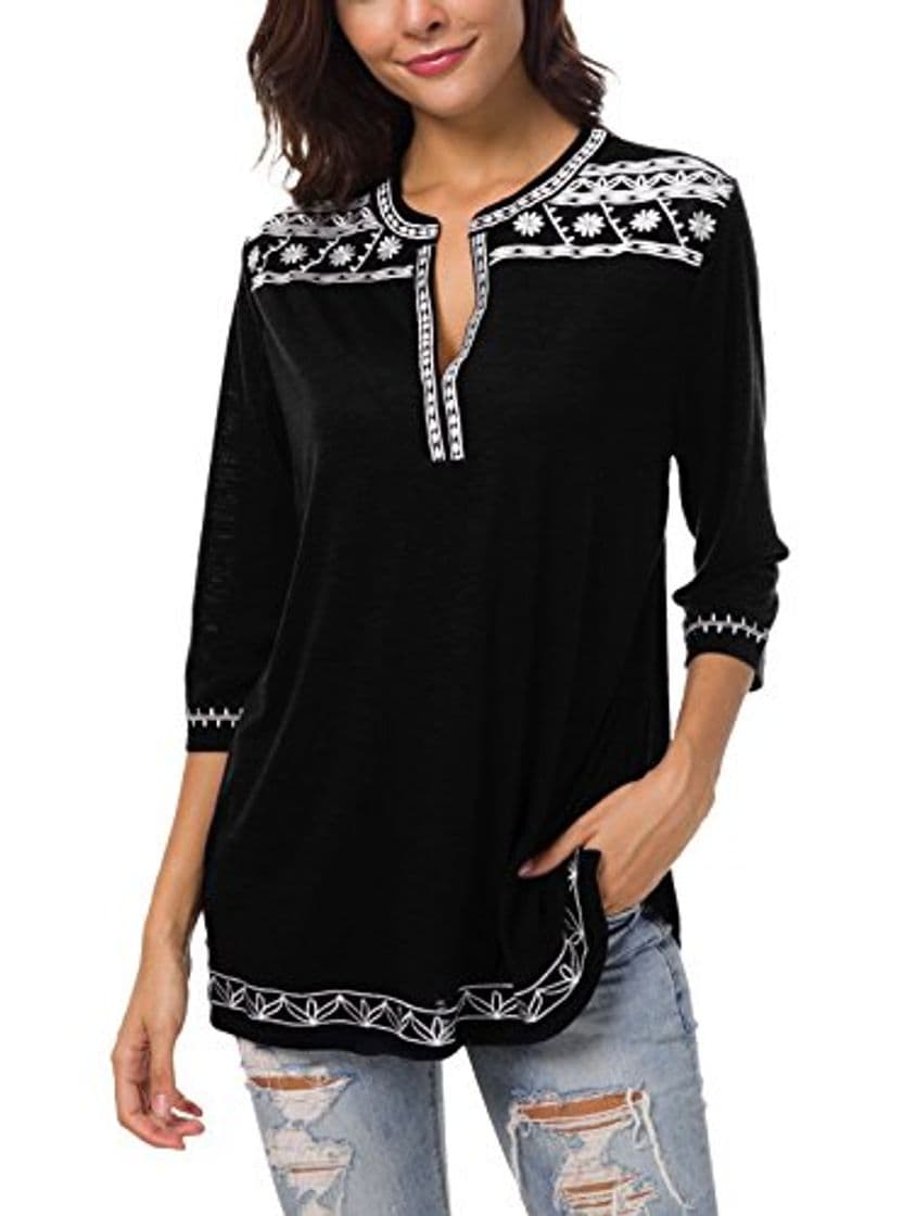 Product Urban GoCo Mujer Camisas Manga 3/4 Boho Blusa Bordado T-Shirt Tops