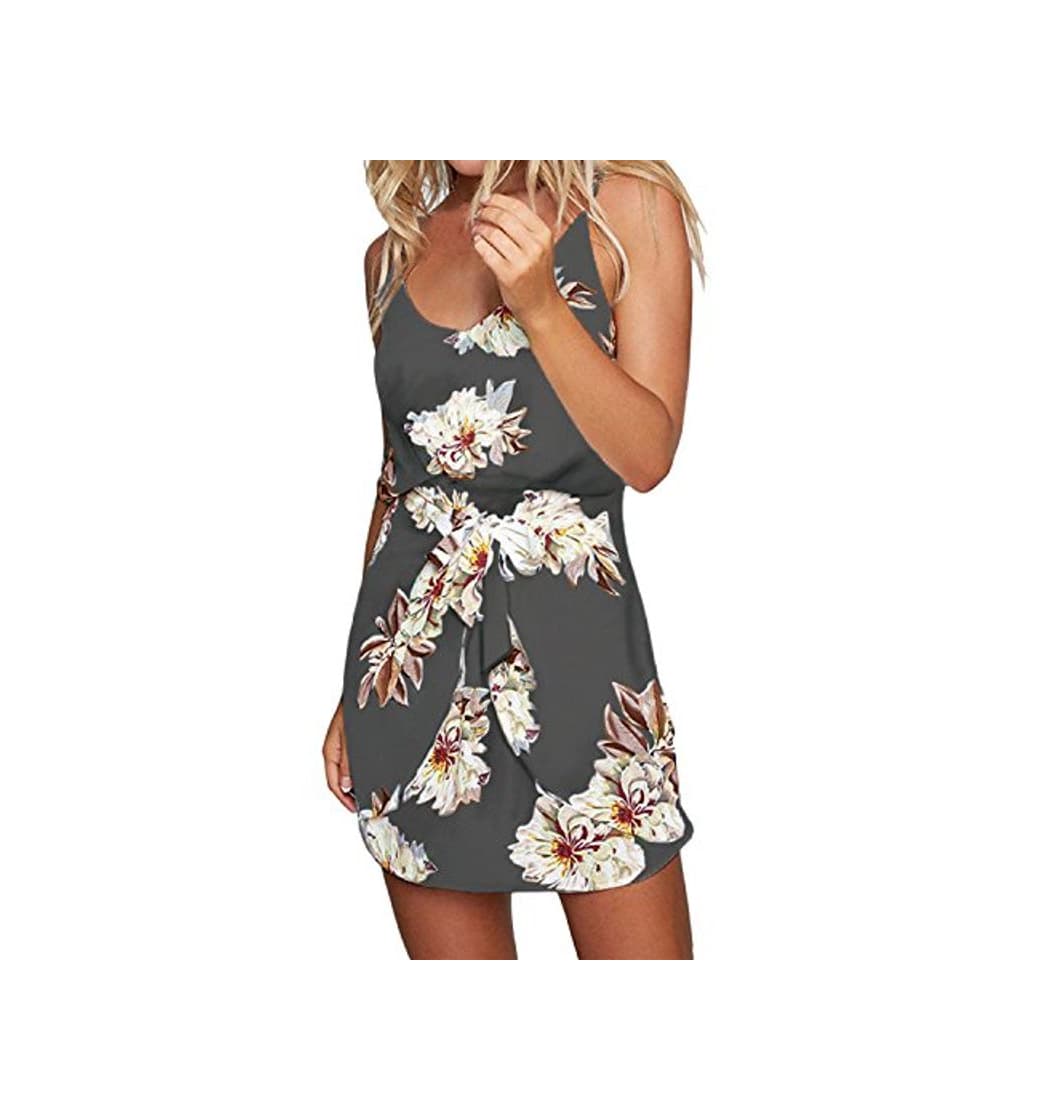 Moda ACHIOOWA Mujer Vestido Corto Sin Manga Cuello V Dress Halter Tanque Estampado Escote Floral Impreso Camisola Bohemio Elegante Casual Playa Beachwear Sundress Oversize Falda Gris S