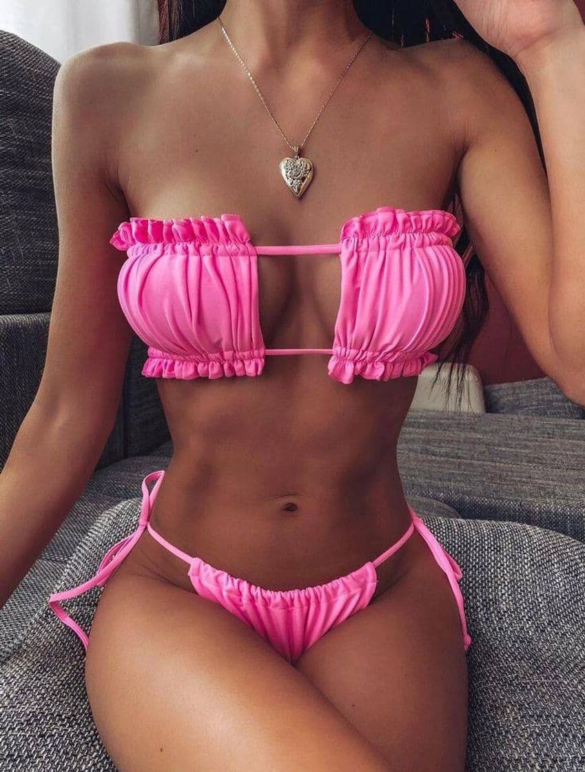 Fashion Ruched Bandeau Tie Side Bikini Swimsuit